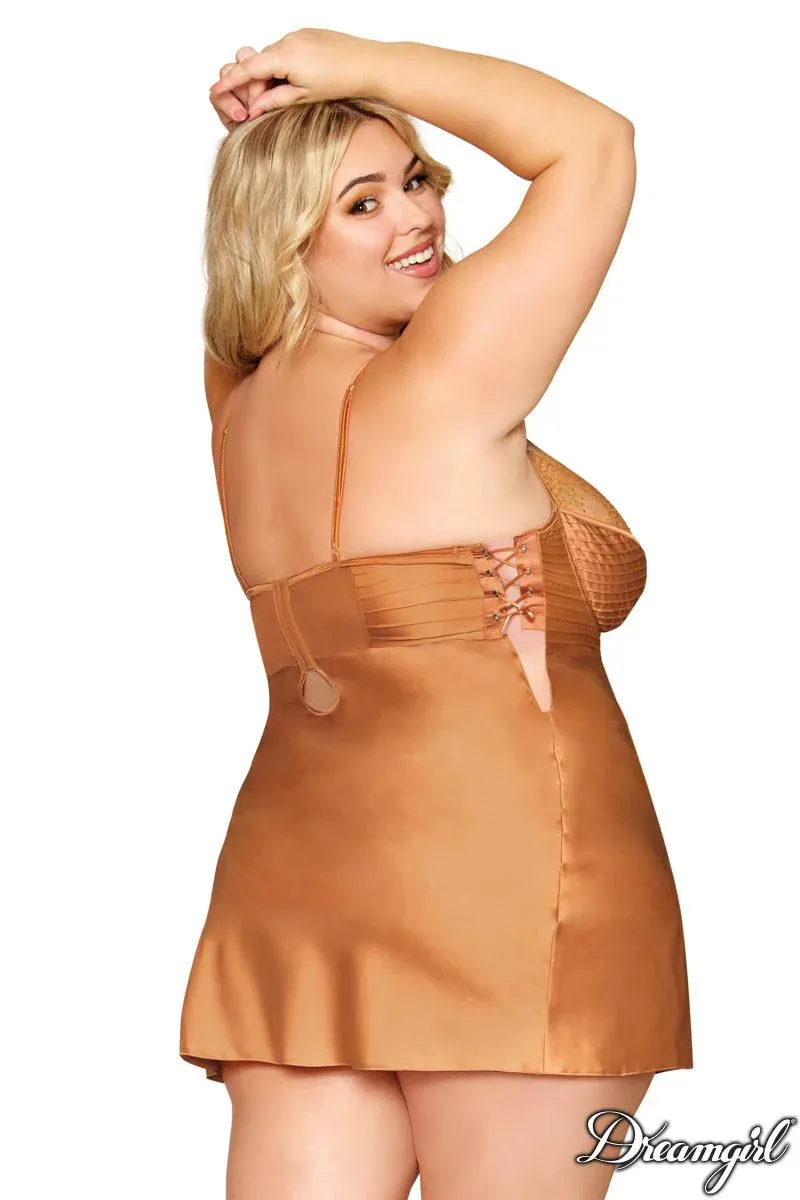 Stretch Satin Chemise with Pintucking & Lace Details