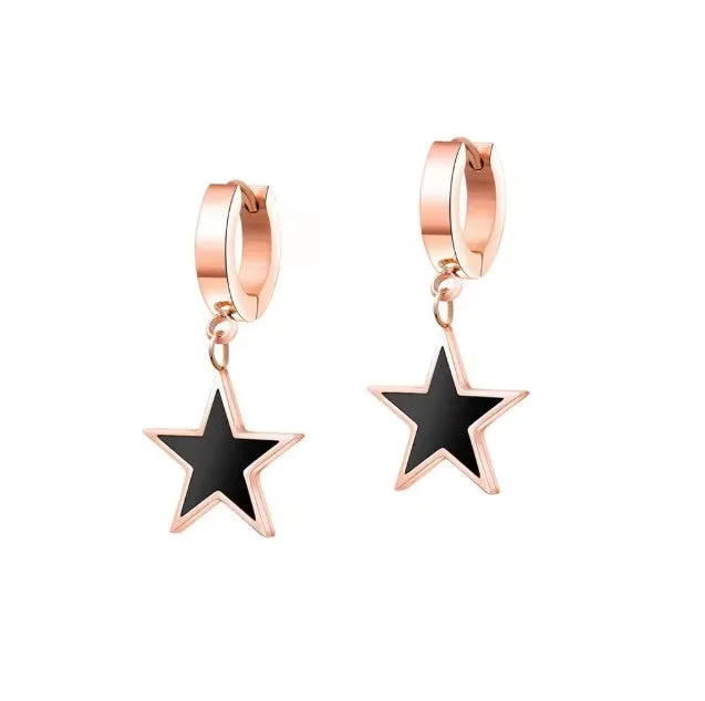 Teens' and Mothers' Earrings:  Steel with Rose Gold IP Huggie Hoops with Black Stars