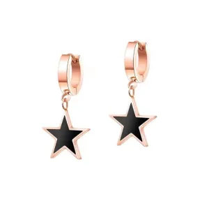 Teens' and Mothers' Earrings:  Steel with Rose Gold IP Huggie Hoops with Black Stars