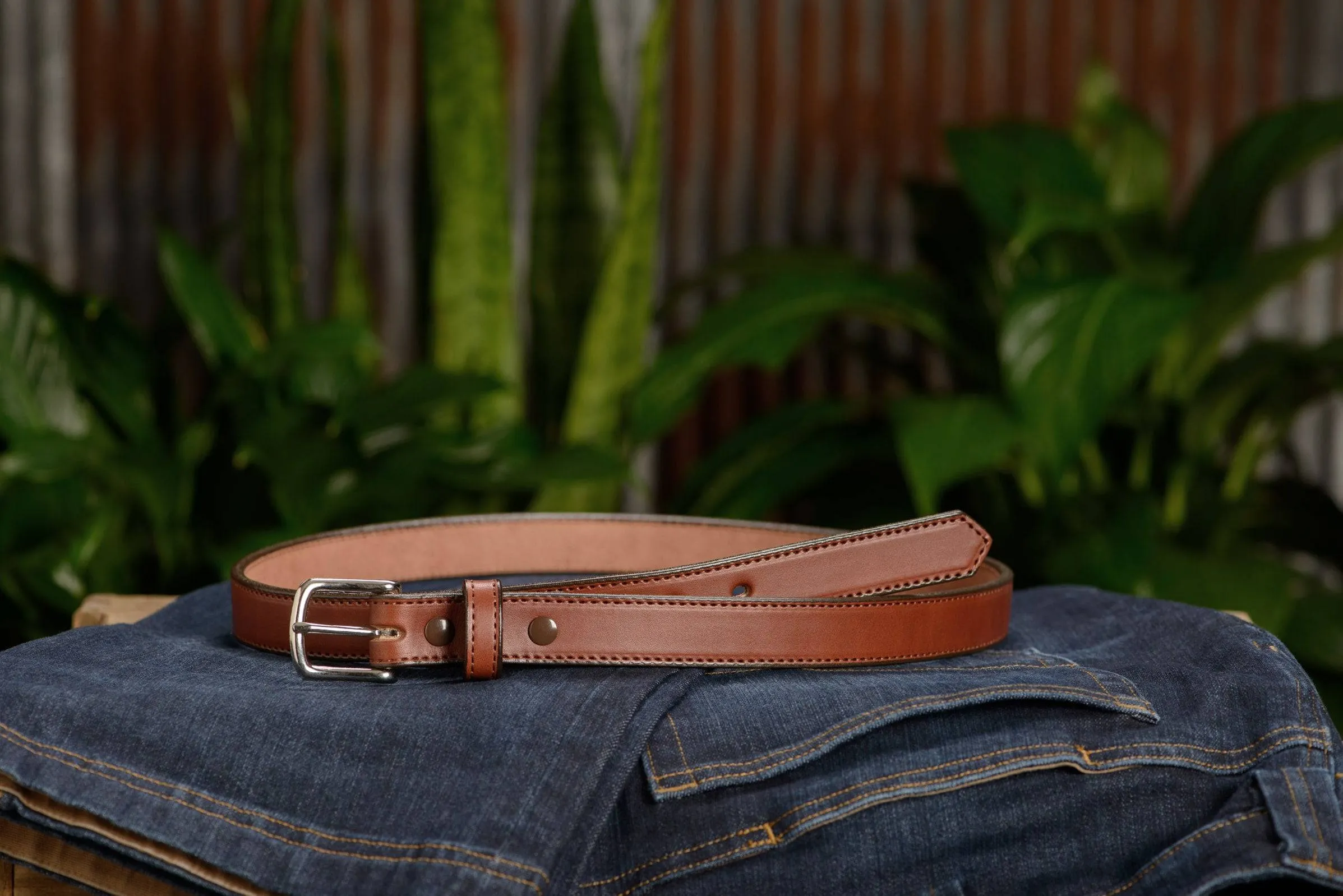 The Colt: Medium Brown Stitched Leather Belt Petite Width 1.00"
