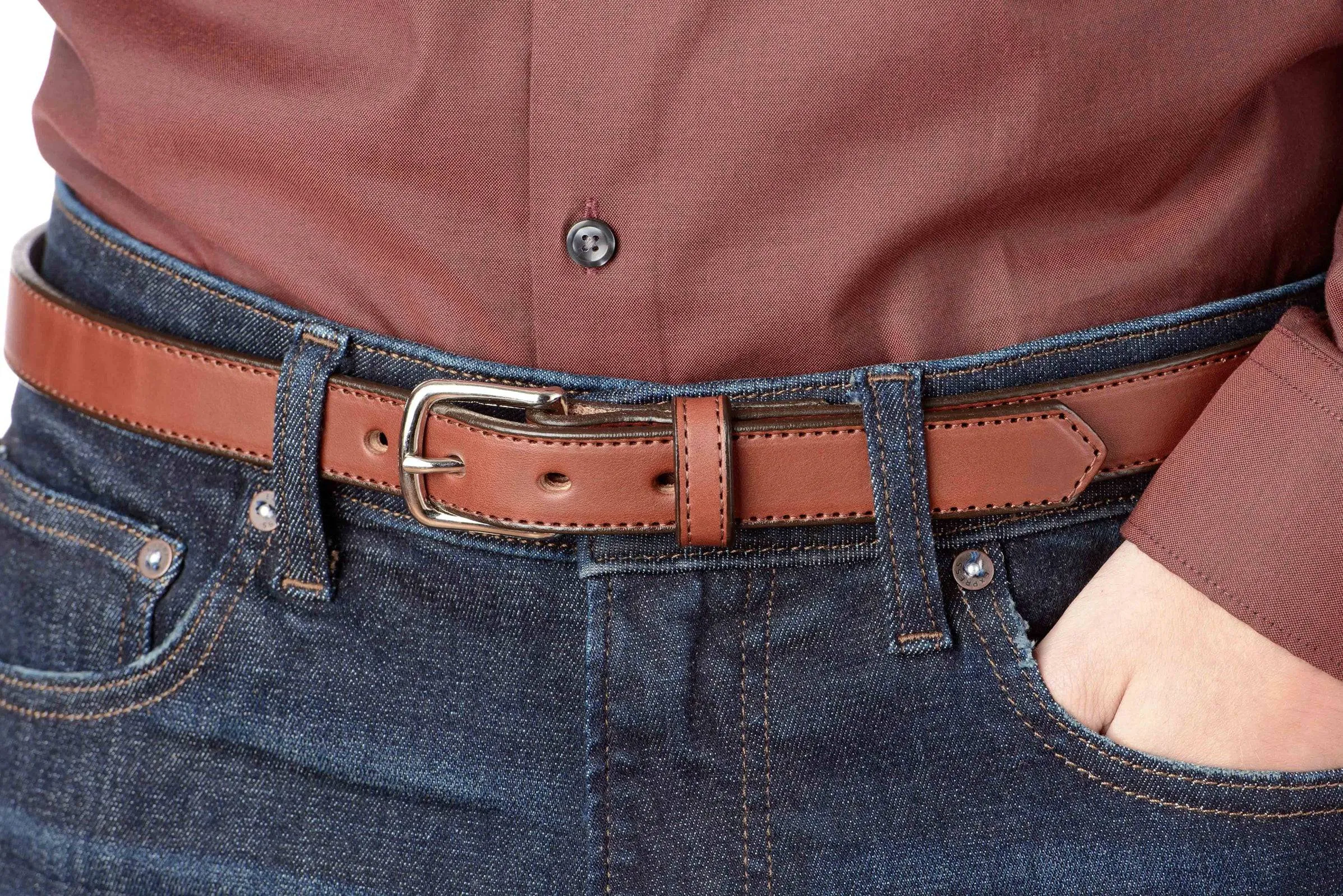 The Colt: Medium Brown Stitched Leather Belt Petite Width 1.00"