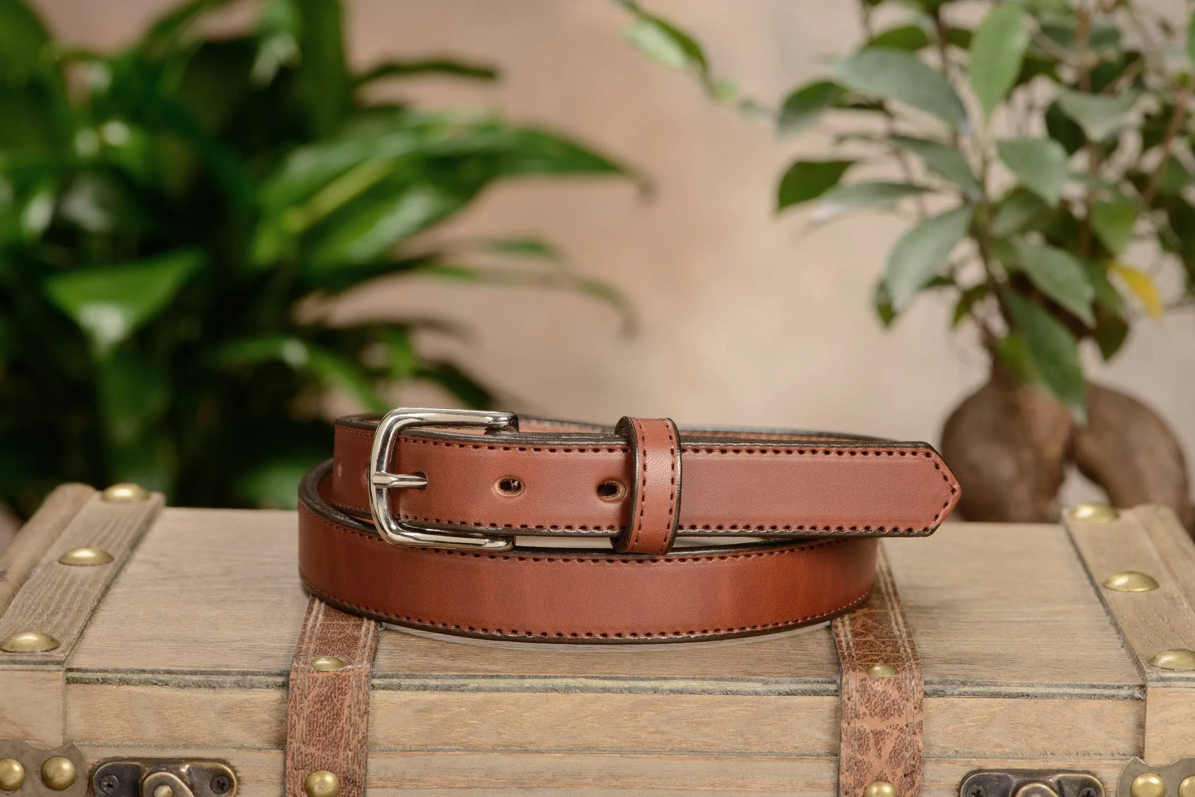 The Colt: Medium Brown Stitched Leather Belt Petite Width 1.00"