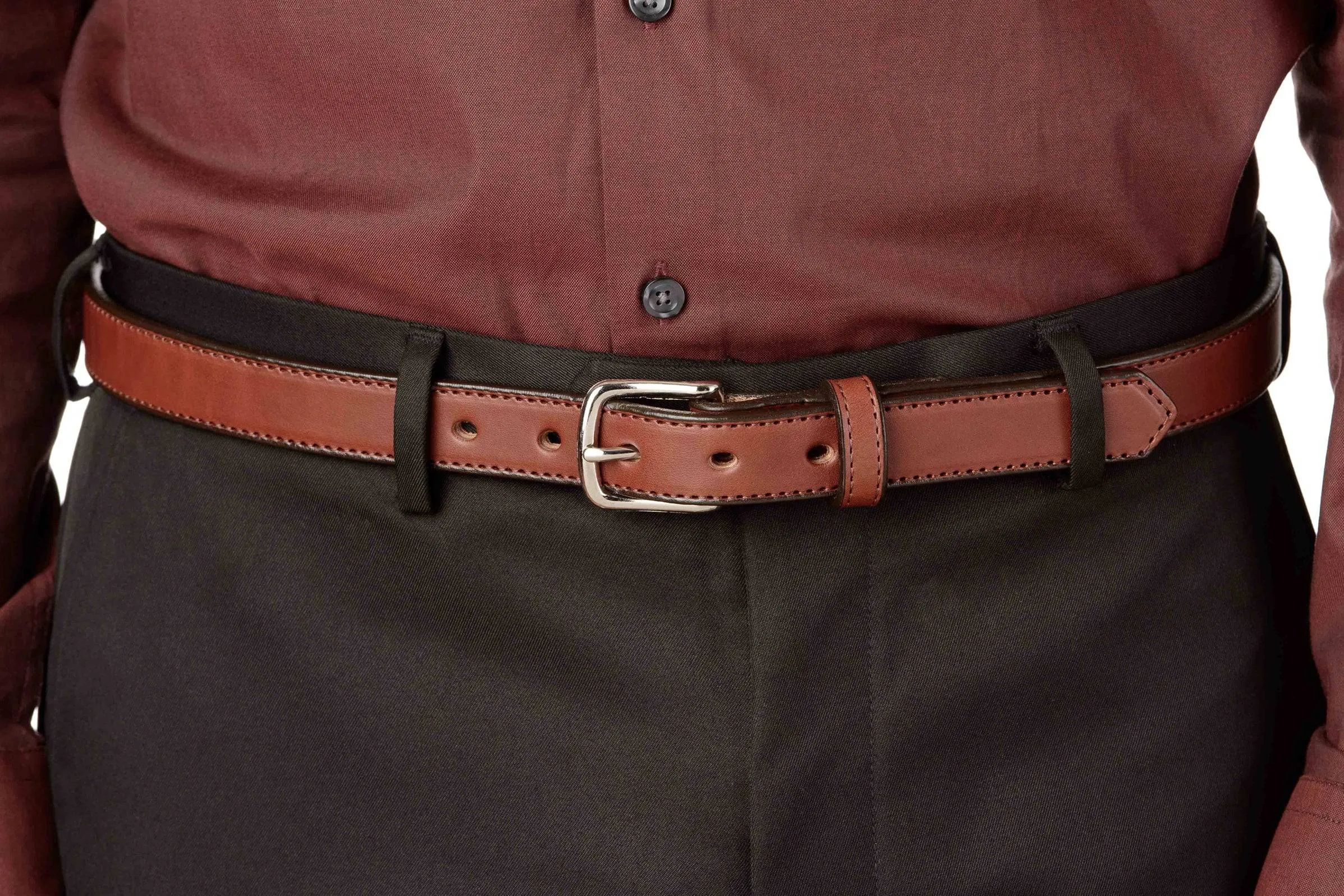 The Colt: Medium Brown Stitched Leather Belt Petite Width 1.00"