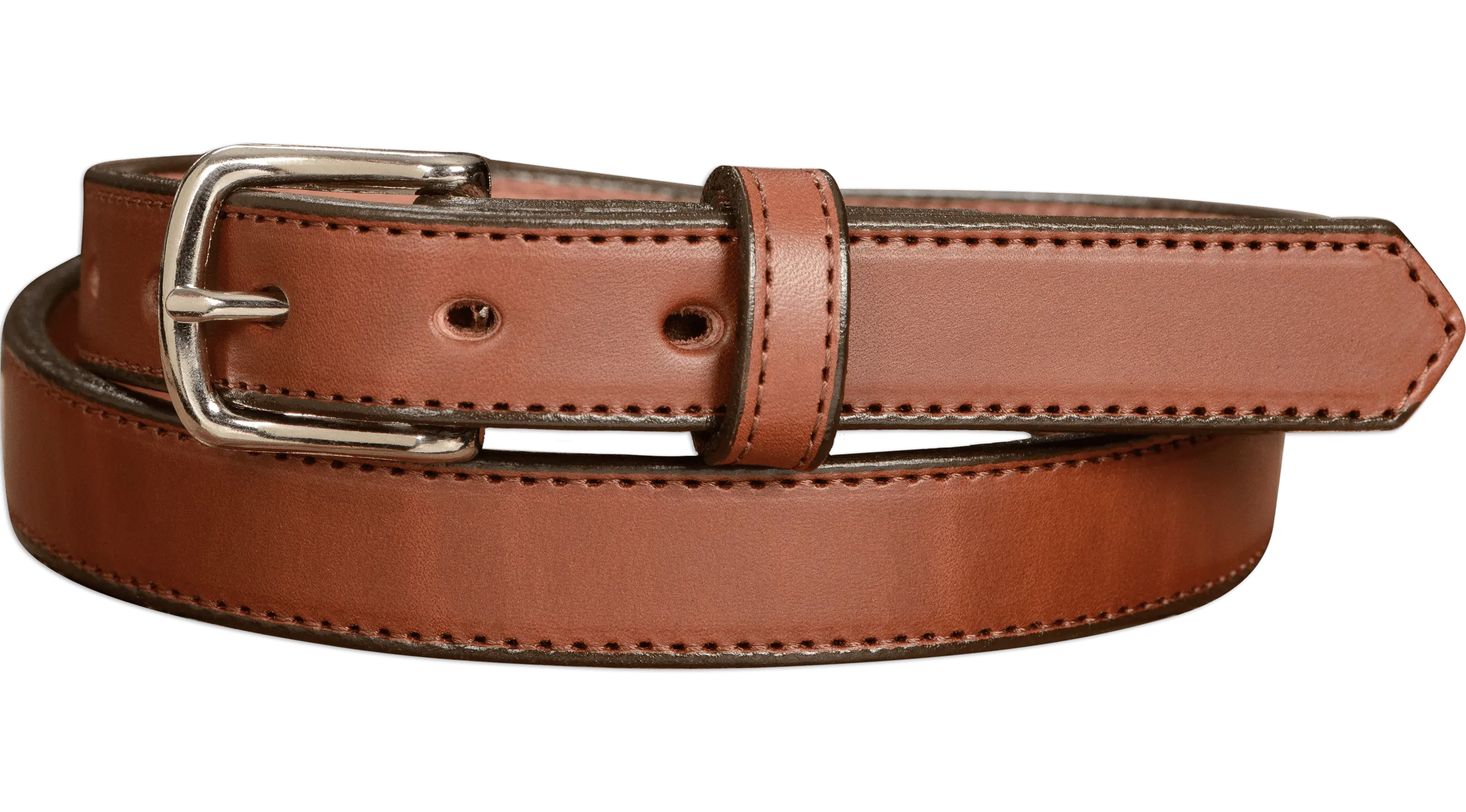 The Colt: Medium Brown Stitched Leather Belt Petite Width 1.00"