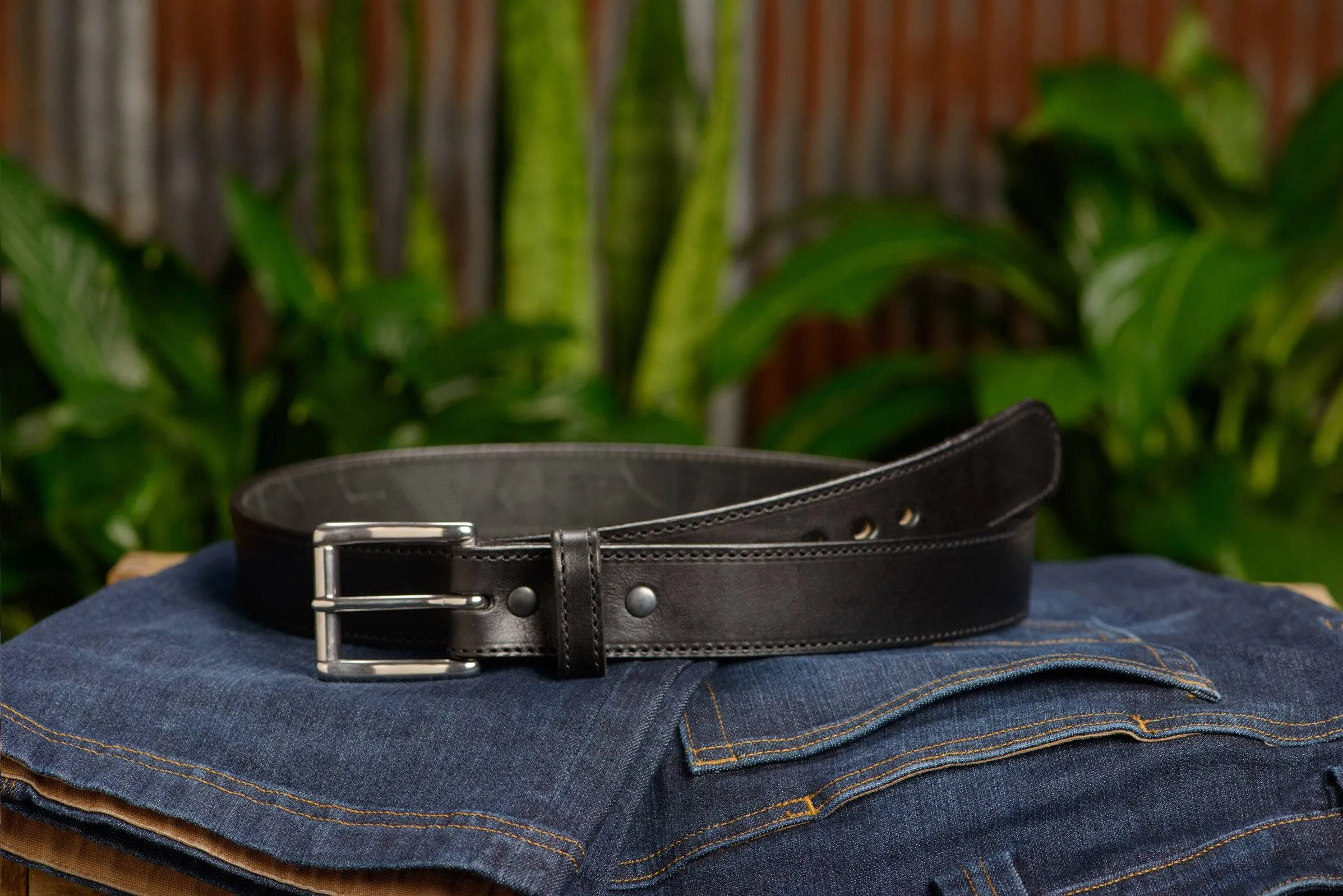 The Eastwood: Men's Black Stitched Leather Belt Max Thick 1.50"