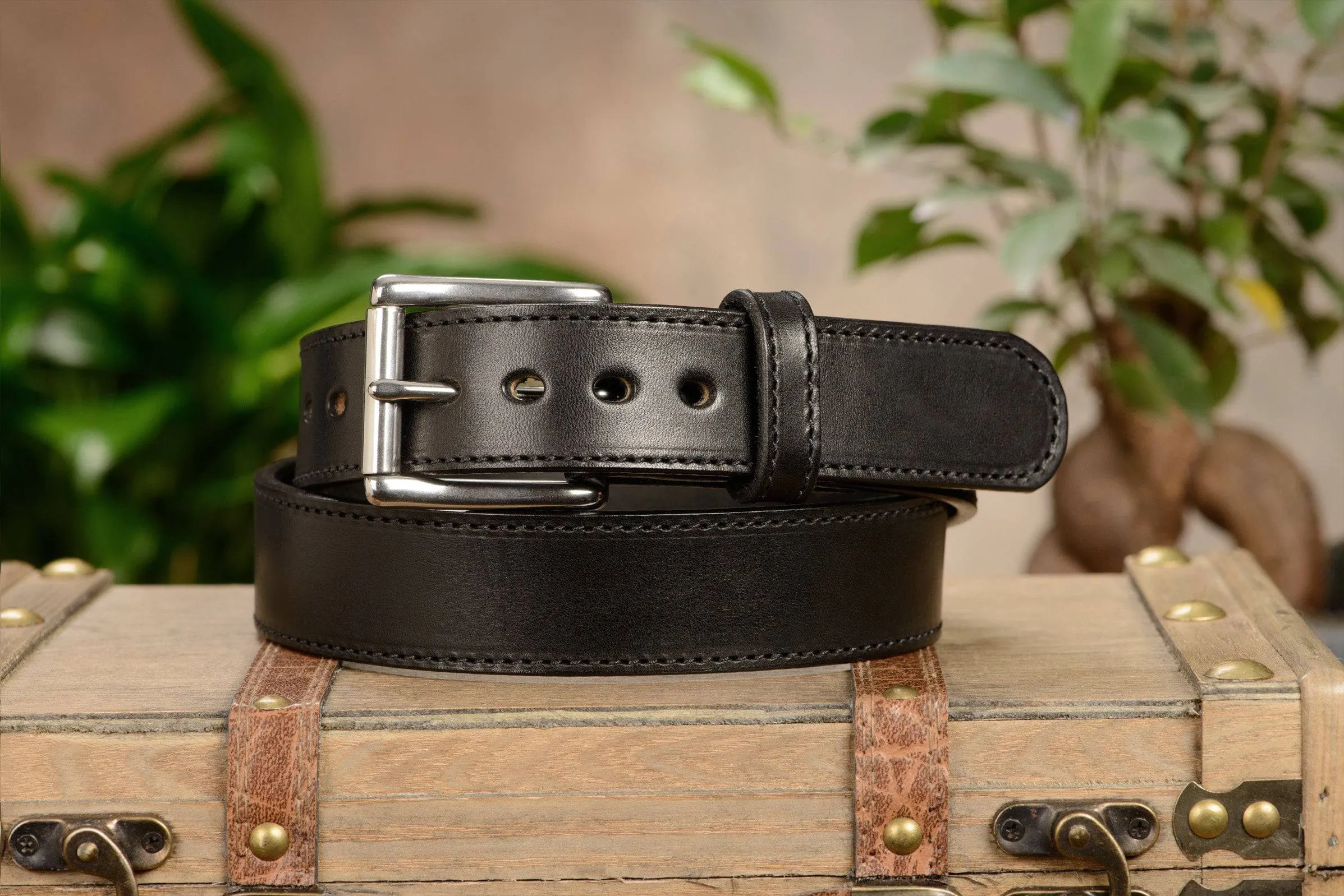 The Eastwood: Men's Black Stitched Leather Belt Max Thick 1.50"