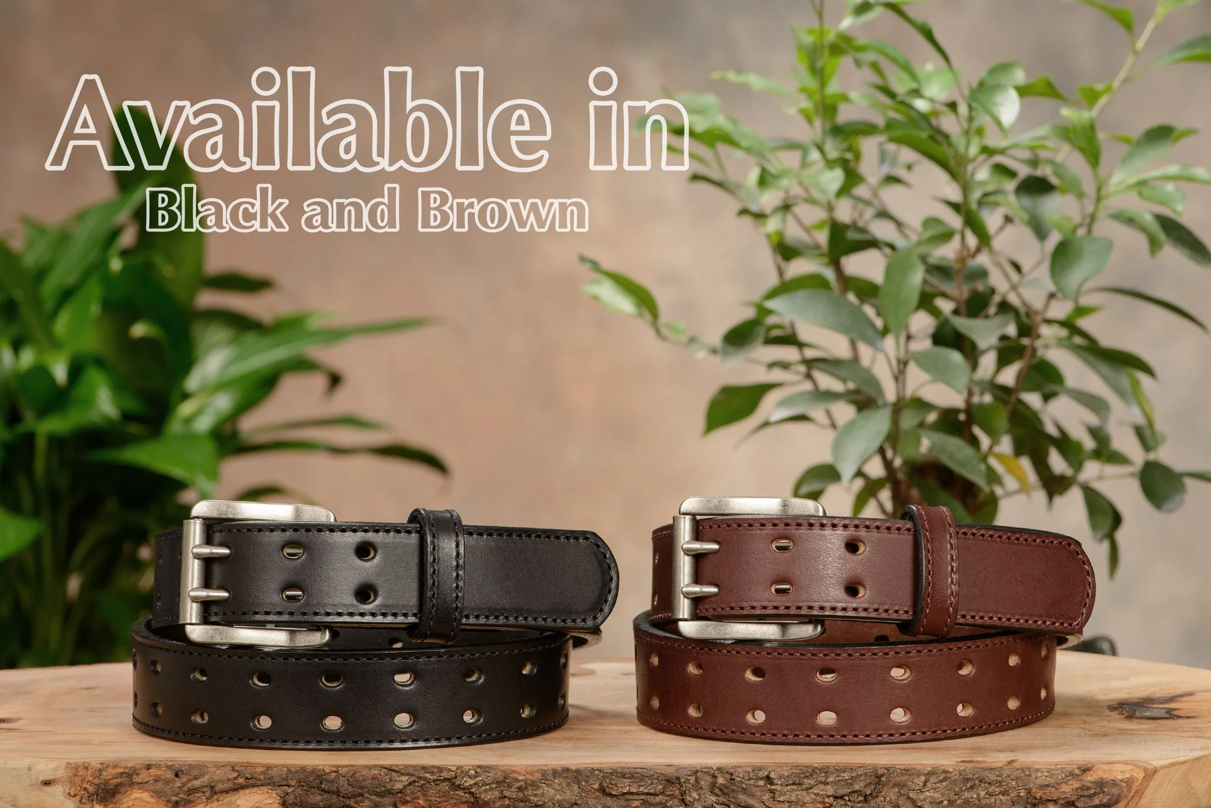 The Holey Bull: Men's Brown Stitched Double Prong Leather Belt Max Thick 1.50"