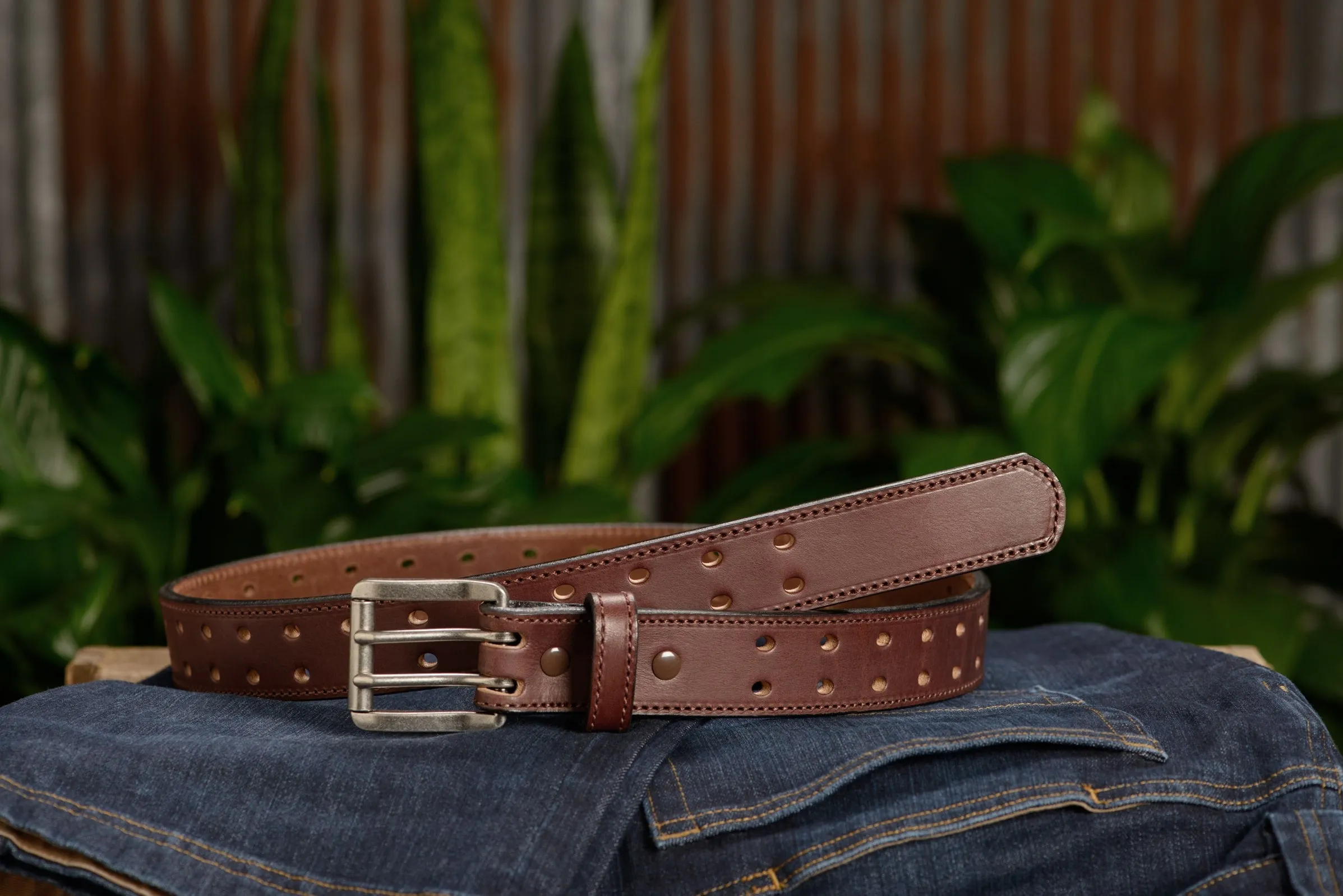 The Holey Bull: Men's Brown Stitched Double Prong Leather Belt Max Thick 1.50"