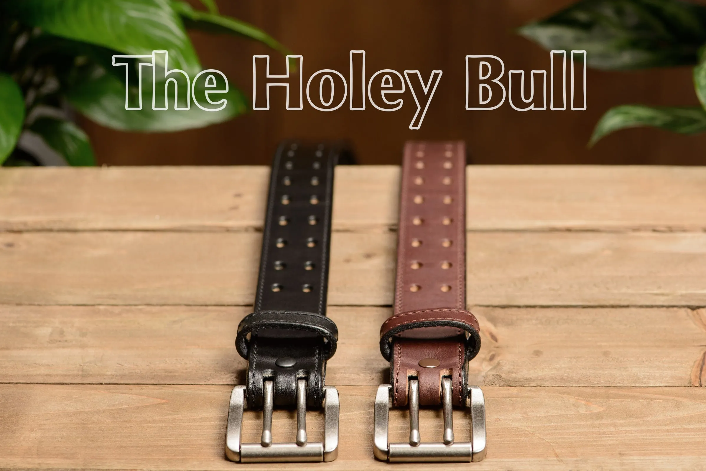 The Holey Bull: Men's Brown Stitched Double Prong Leather Belt Max Thick 1.50"