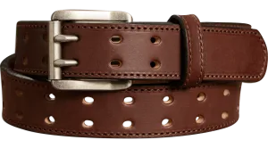The Holey Bull: Men's Brown Stitched Double Prong Leather Belt Max Thick 1.50"