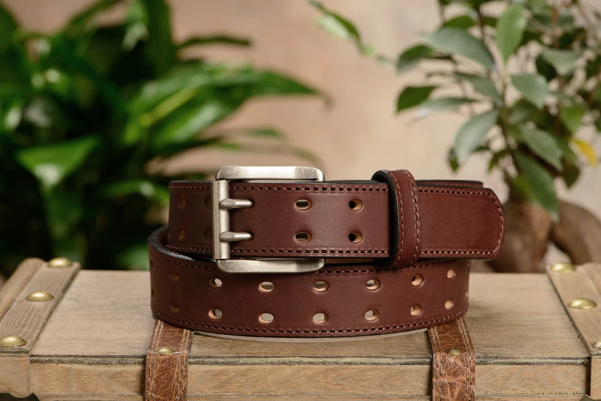 The Holey Bull: Men's Brown Stitched Double Prong Leather Belt Max Thick 1.50"