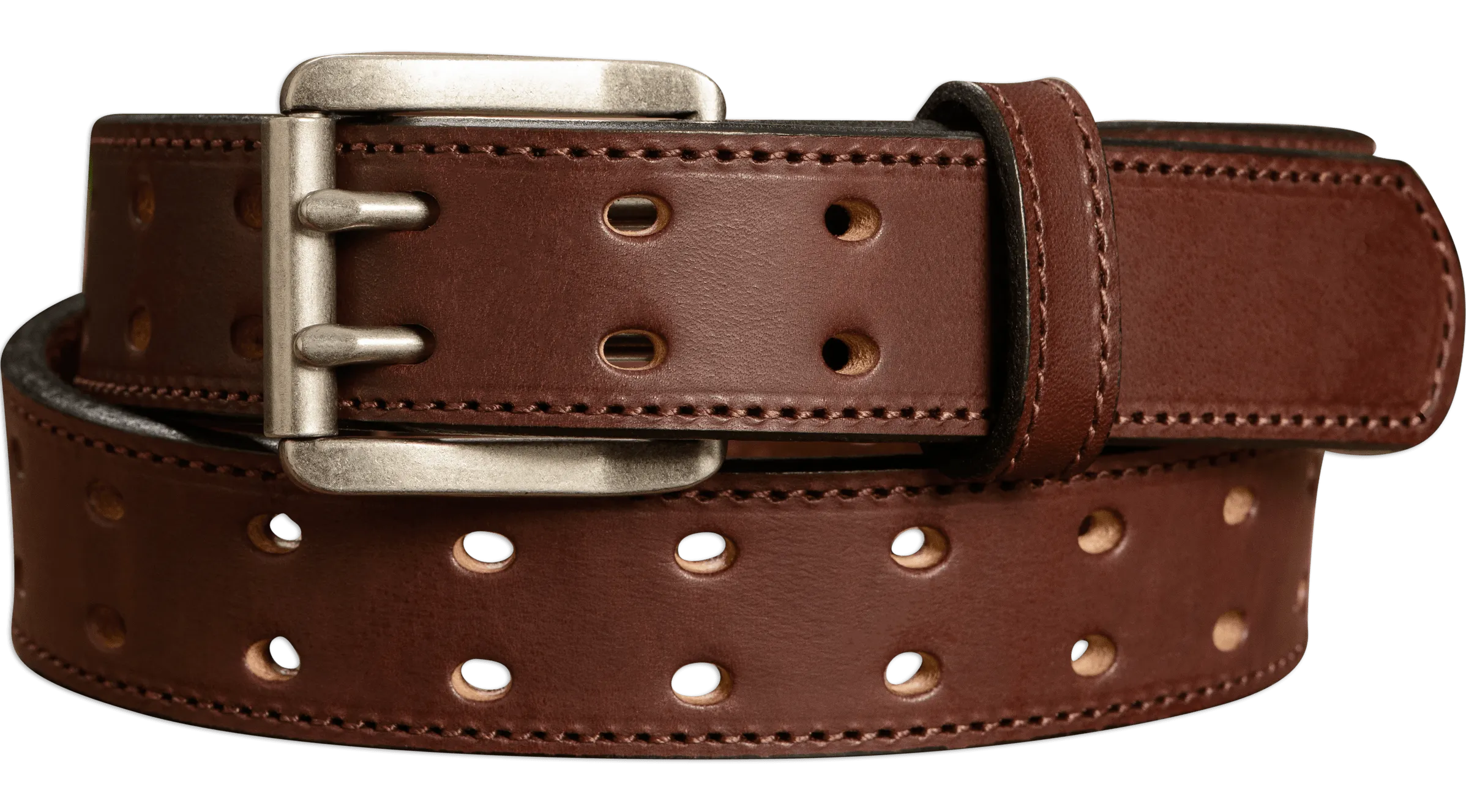 The Holey Bull: Men's Brown Stitched Double Prong Leather Belt Max Thick 1.50"