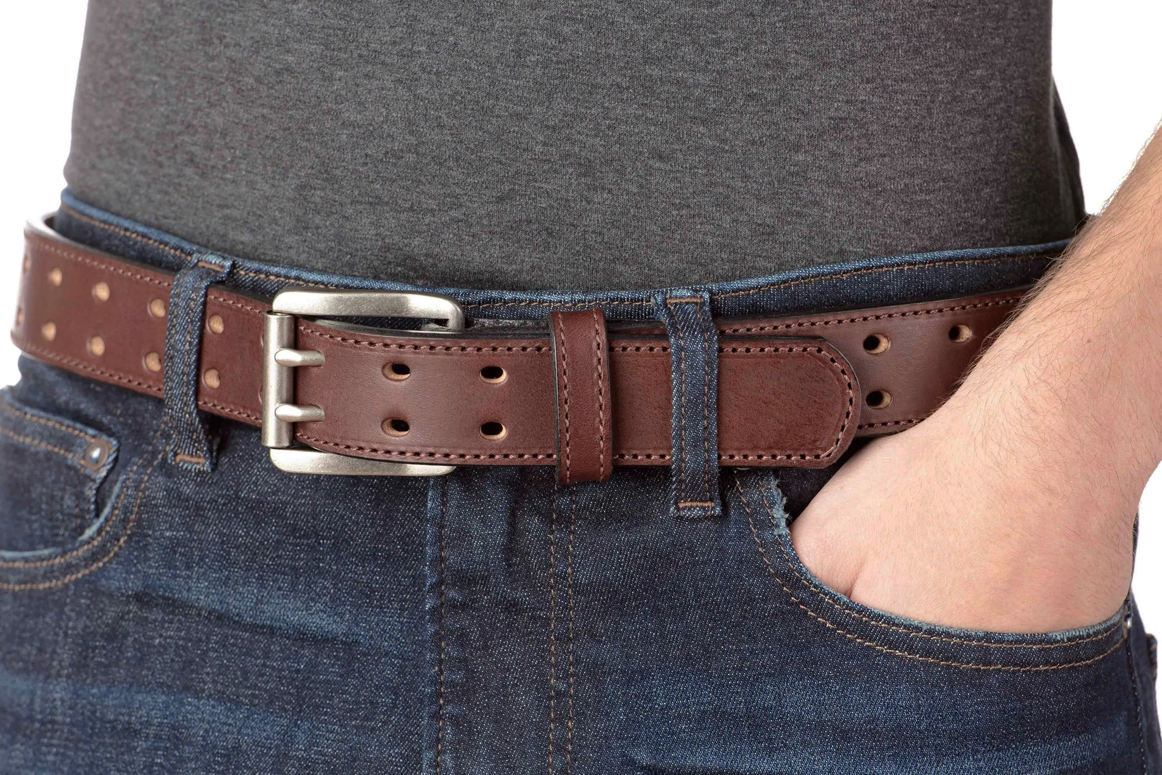 The Holey Bull: Men's Brown Stitched Double Prong Leather Belt Max Thick 1.50"