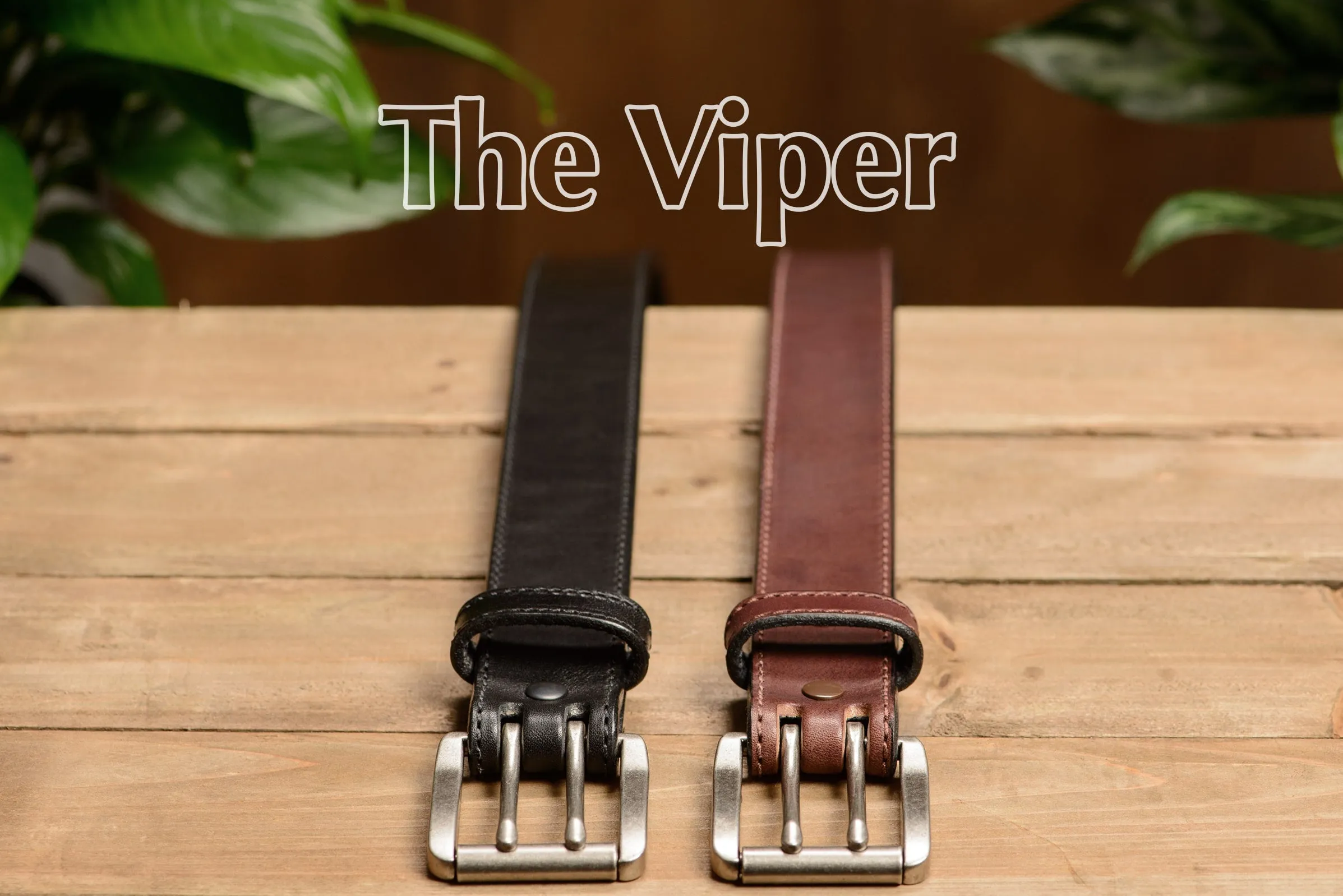 The Viper: Men's Brown Stitched Leather Belt With Double Prong Nickel Buckle - 1.50" Max