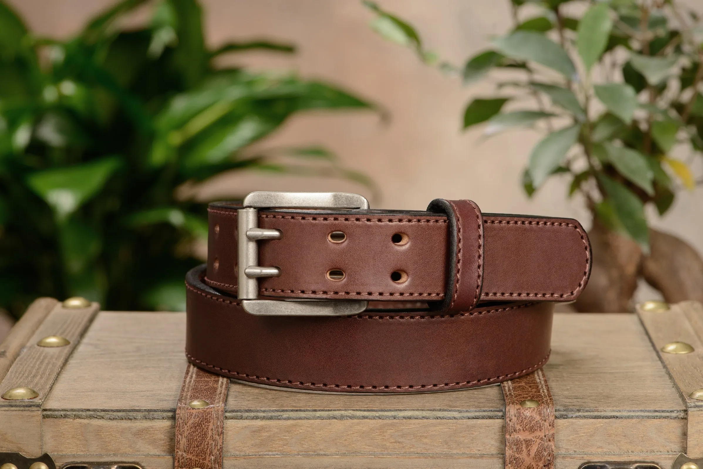 The Viper: Men's Brown Stitched Leather Belt With Double Prong Nickel Buckle - 1.50" Max