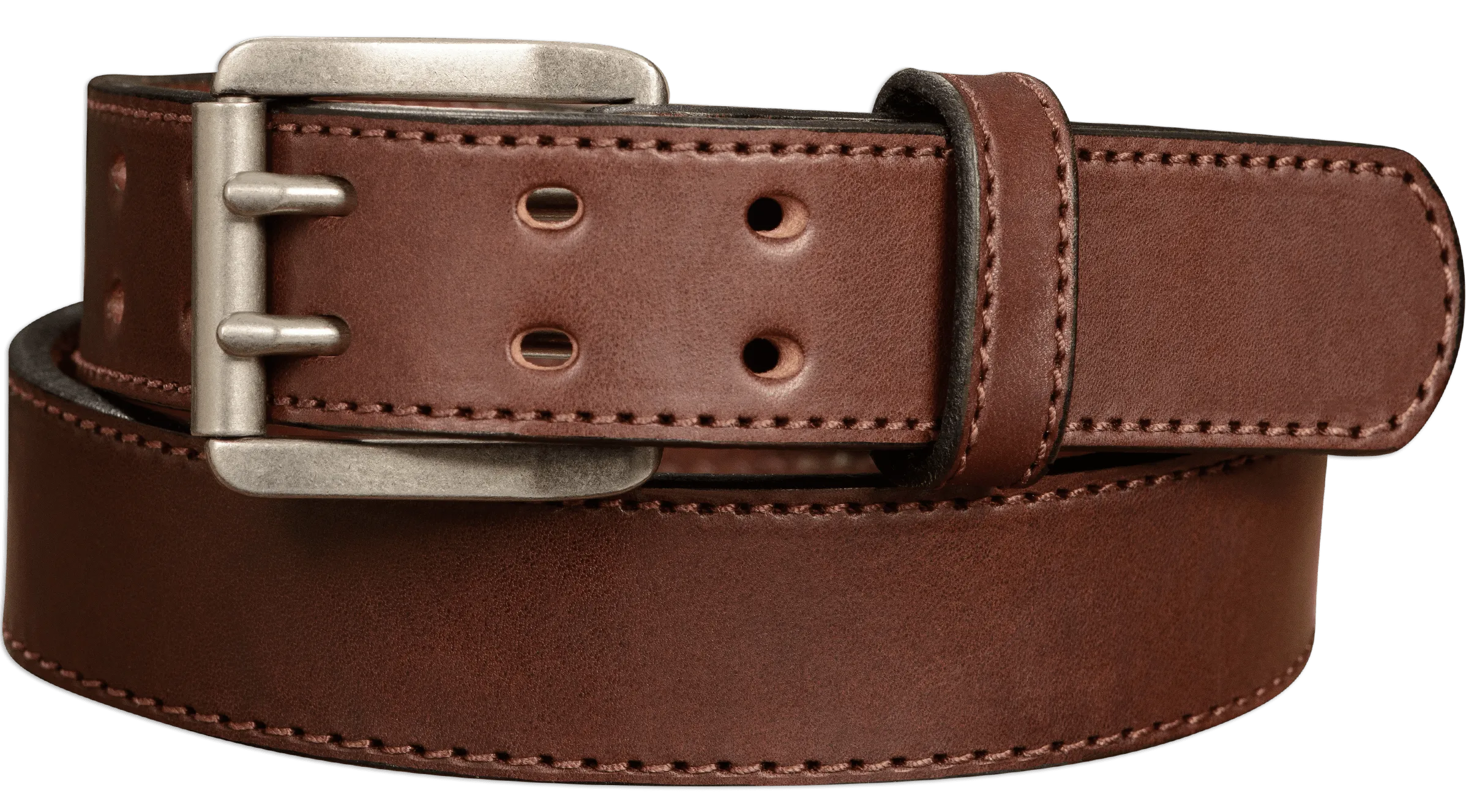 The Viper: Men's Brown Stitched Leather Belt With Double Prong Nickel Buckle - 1.50" Max