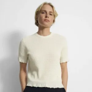 Theory Textured Short Sleeve Waffle Knit Cotton Blend Sweater Ivory Medium