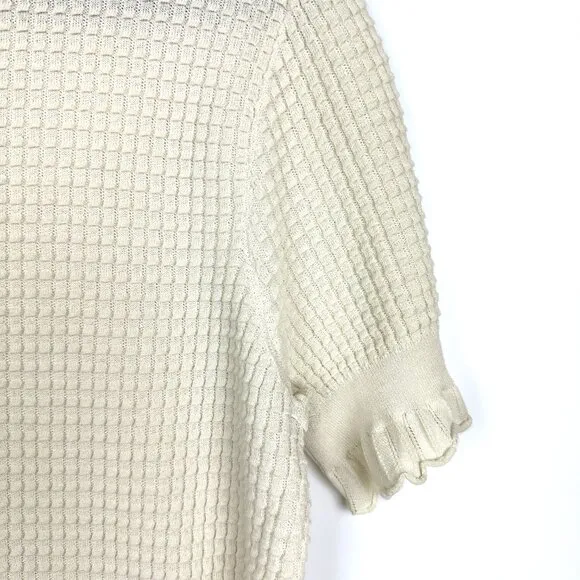 Theory Textured Short Sleeve Waffle Knit Cotton Blend Sweater Ivory Medium