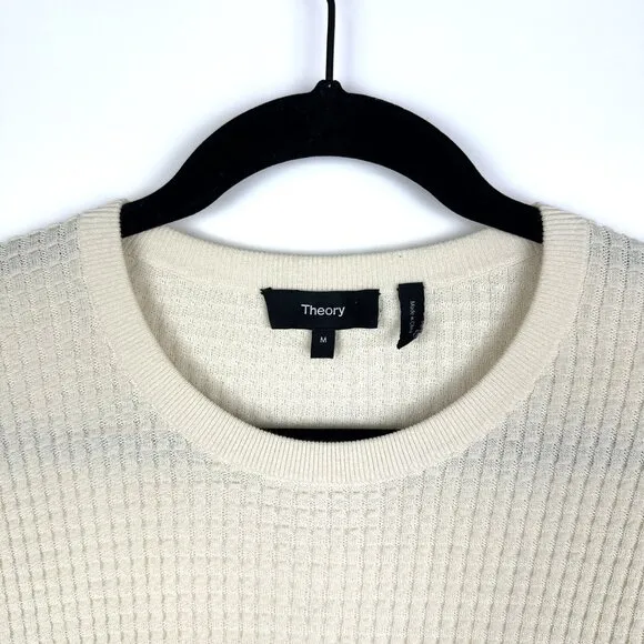 Theory Textured Short Sleeve Waffle Knit Cotton Blend Sweater Ivory Medium
