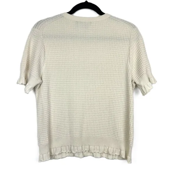Theory Textured Short Sleeve Waffle Knit Cotton Blend Sweater Ivory Medium