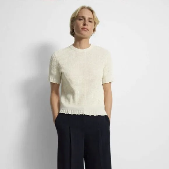 Theory Textured Short Sleeve Waffle Knit Cotton Blend Sweater Ivory Medium