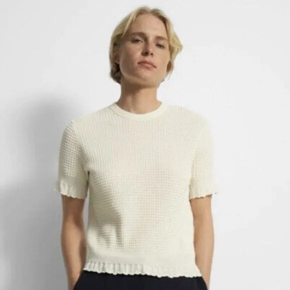 Theory Textured Short Sleeve Waffle Knit Cotton Blend Sweater Ivory Medium