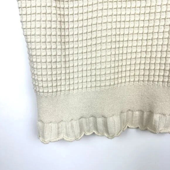 Theory Textured Short Sleeve Waffle Knit Cotton Blend Sweater Ivory Medium