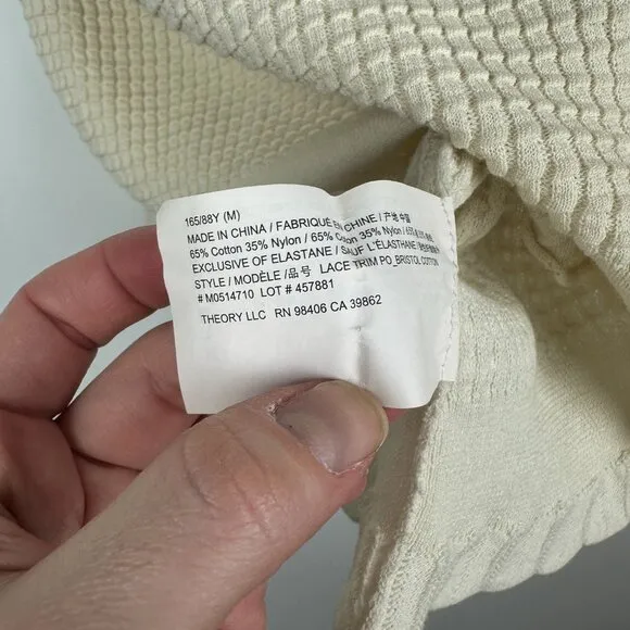Theory Textured Short Sleeve Waffle Knit Cotton Blend Sweater Ivory Medium