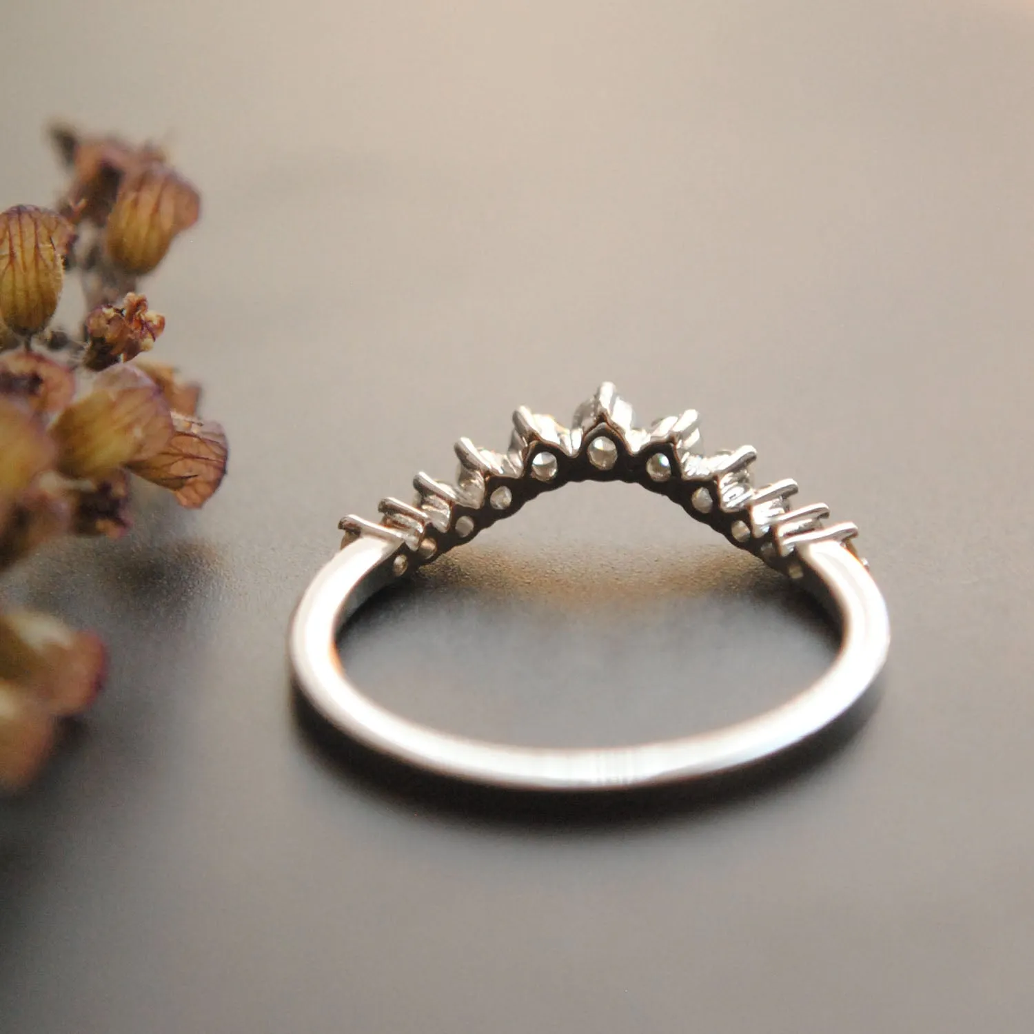 Three Prong Curved Diamond Wedding Band ,Slight Curve Stack Ring