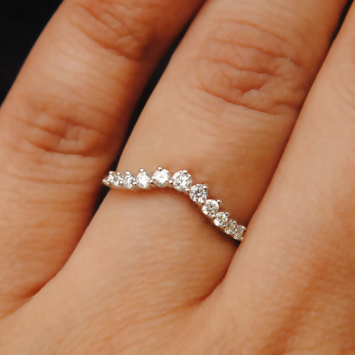 Three Prong Curved Diamond Wedding Band ,Slight Curve Stack Ring