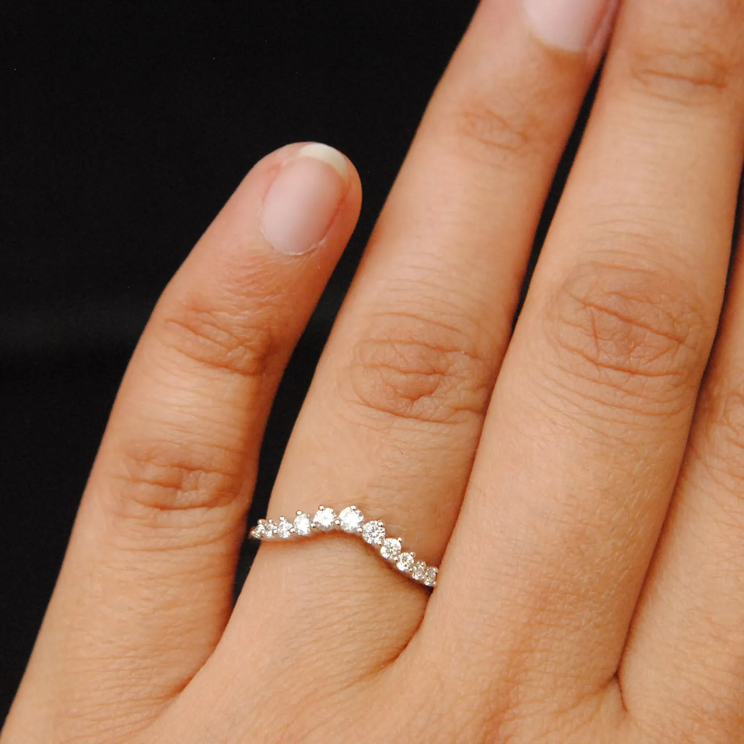 Three Prong Curved Diamond Wedding Band ,Slight Curve Stack Ring