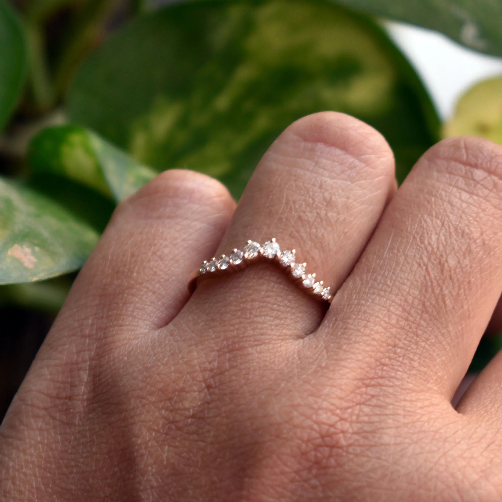 Three Prong Curved Diamond Wedding Band ,Slight Curve Stack Ring