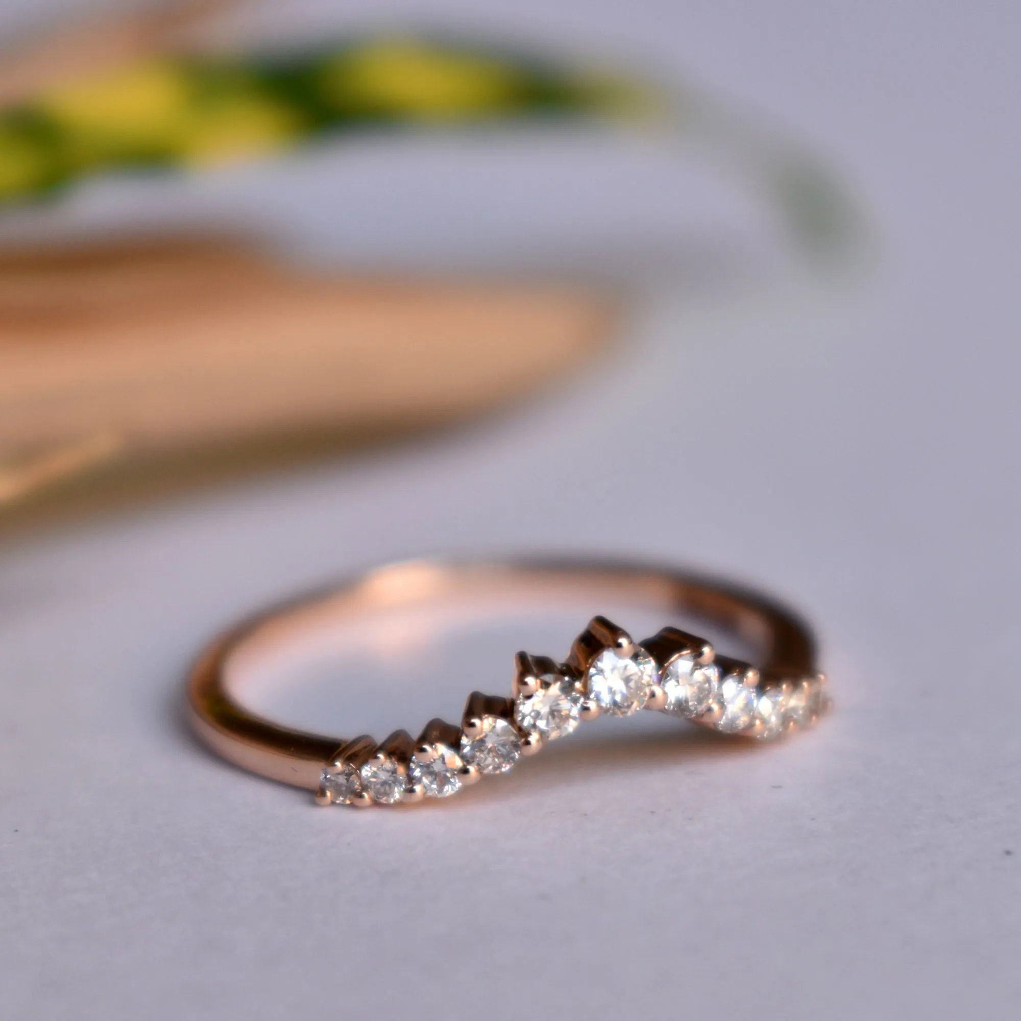 Three Prong Curved Diamond Wedding Band ,Slight Curve Stack Ring