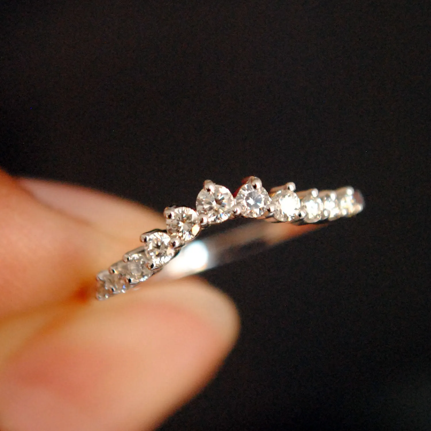 Three Prong Curved Diamond Wedding Band ,Slight Curve Stack Ring
