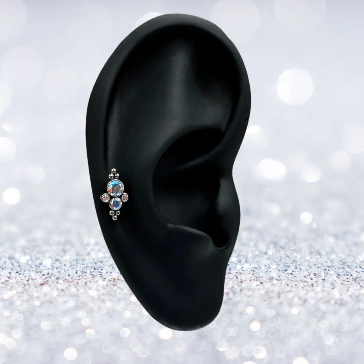 Titanium Internally Threaded Round Beaded Ball and CZ Cluster Flat Back Earring