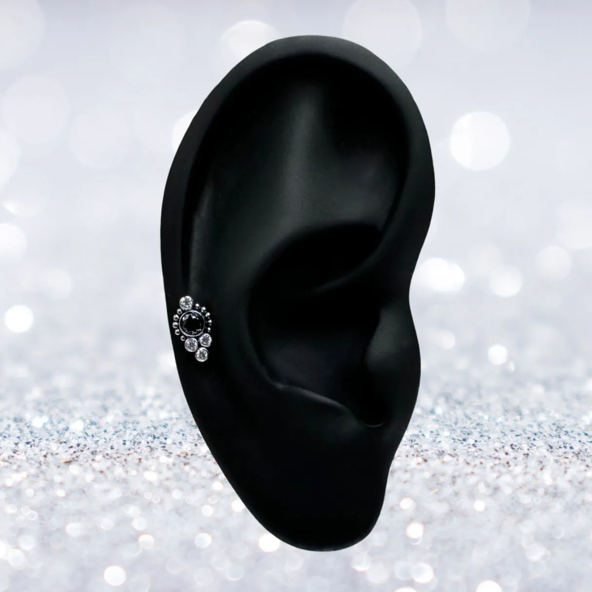 Titanium Internally Threaded Round Beaded Ball and CZ Cluster Flat Back Earring