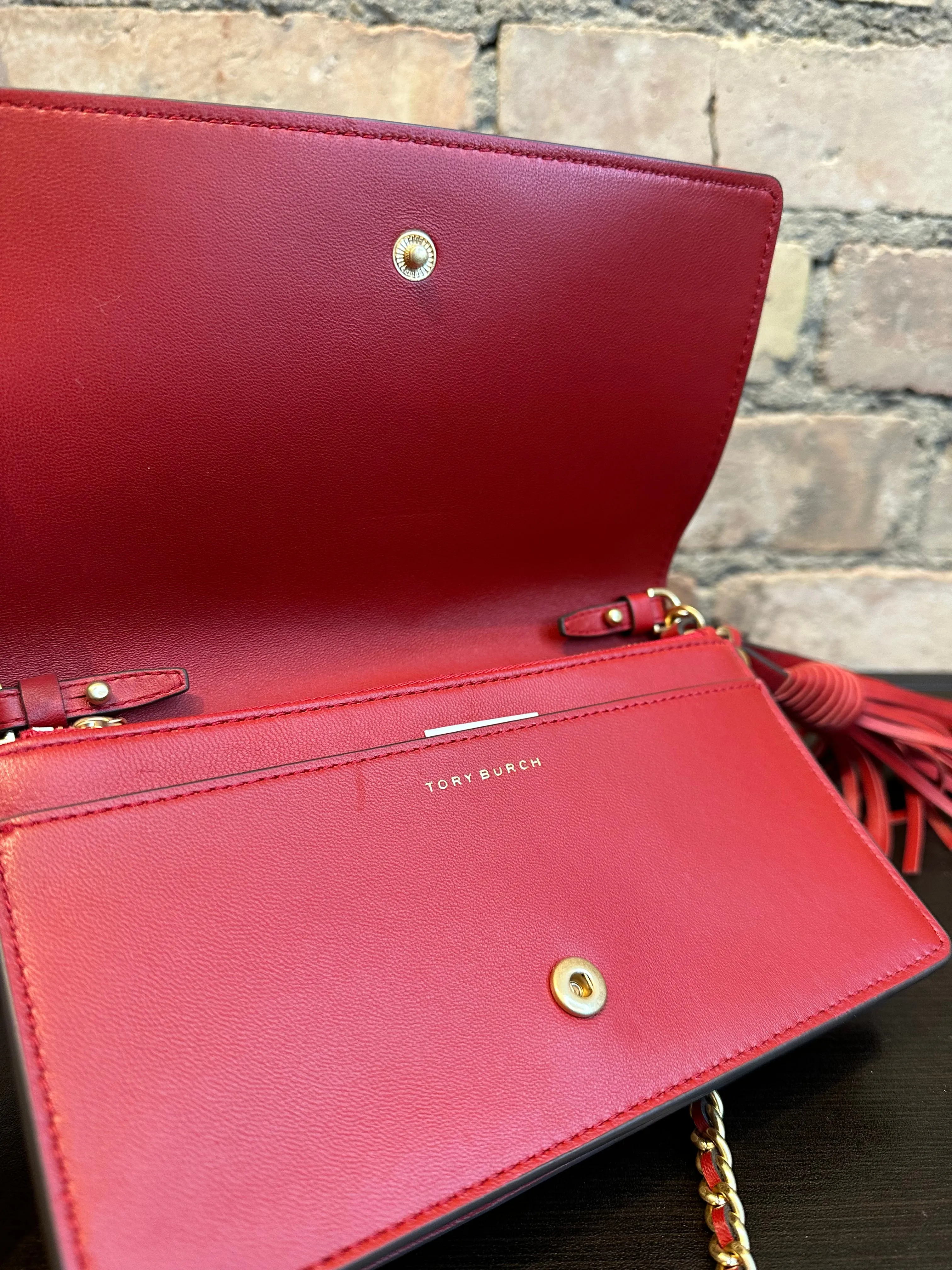 Tory Burch Red Textured Leather Wallet on Chain