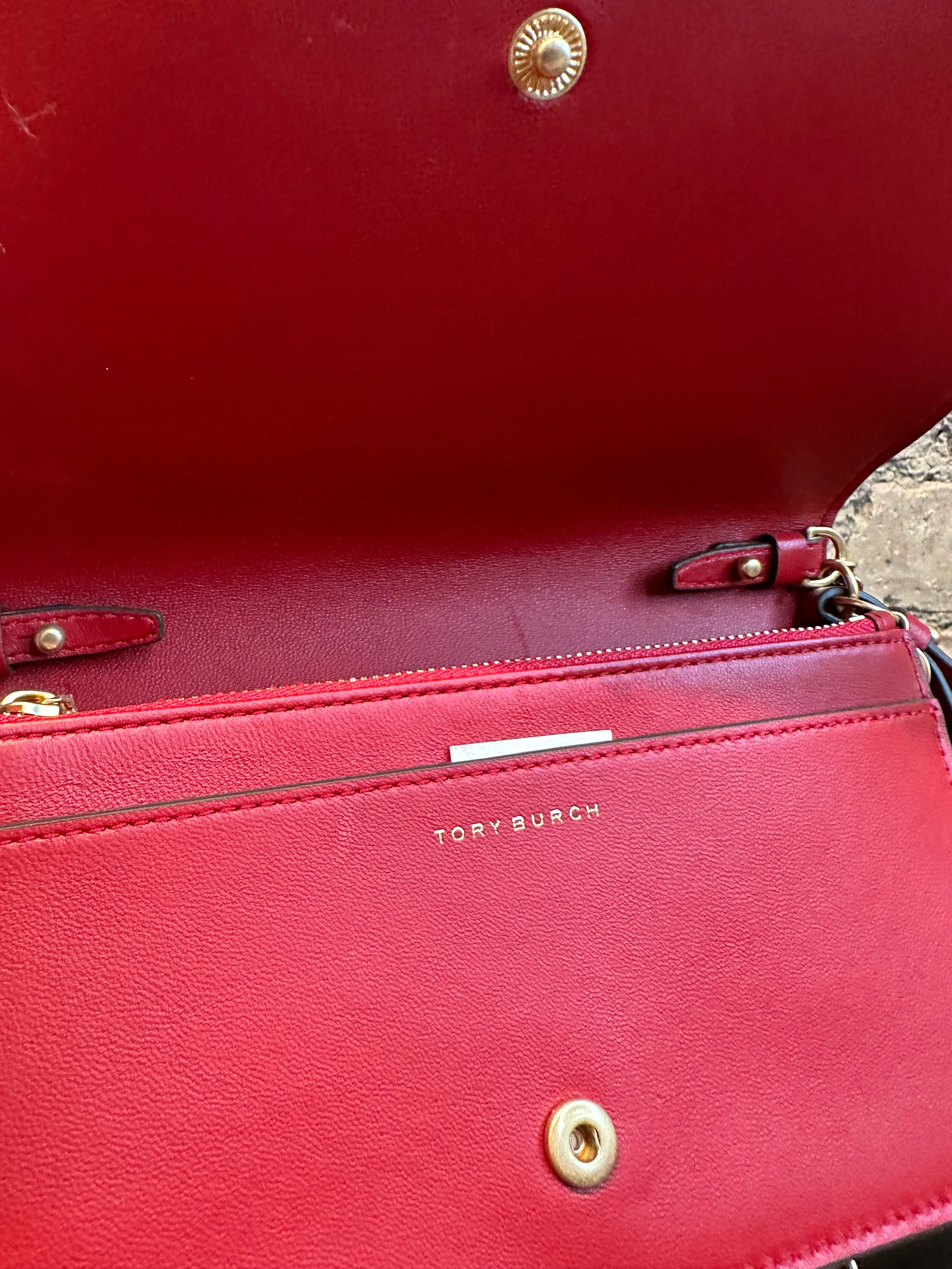 Tory Burch Red Textured Leather Wallet on Chain