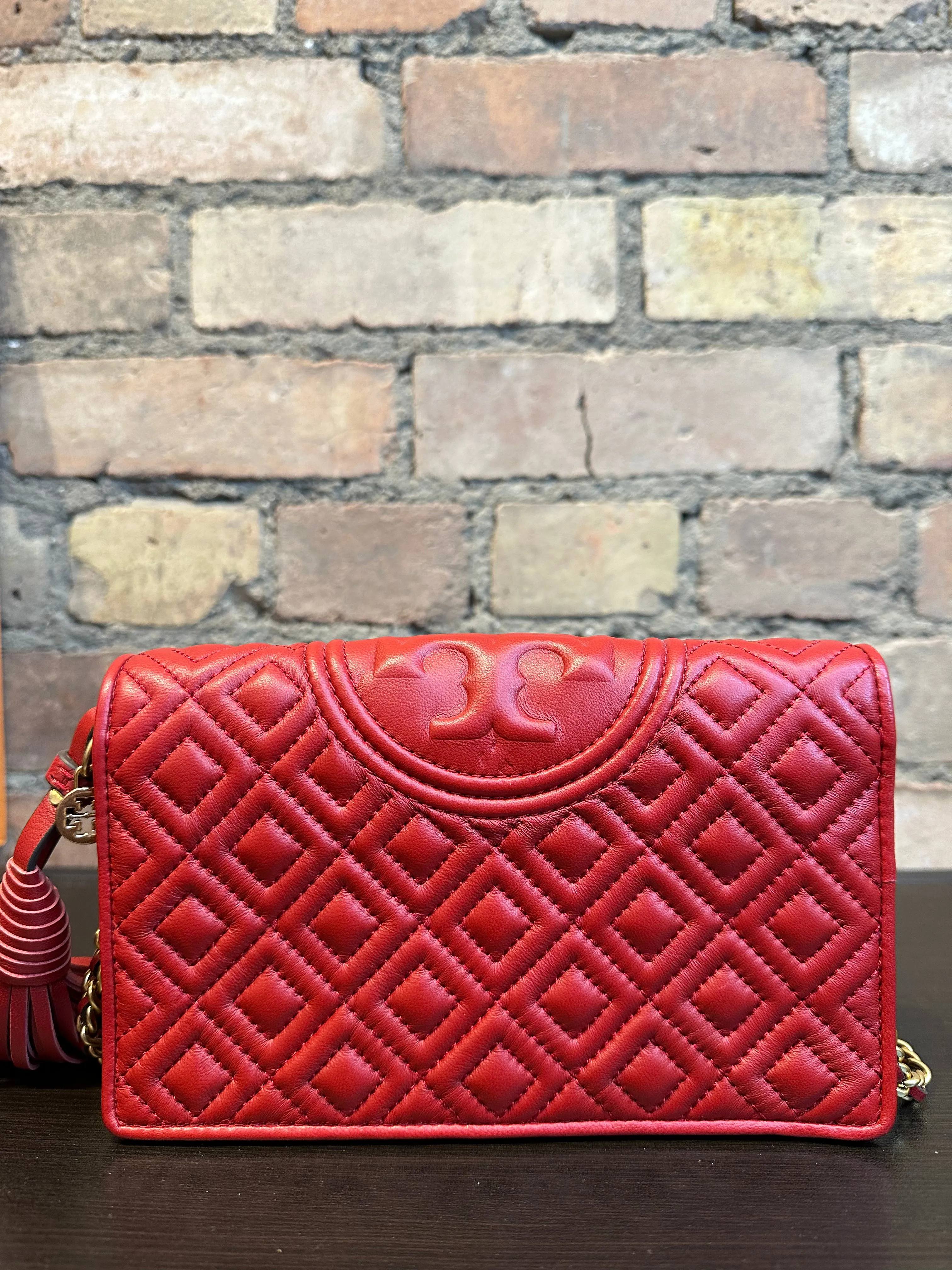 Tory Burch Red Textured Leather Wallet on Chain