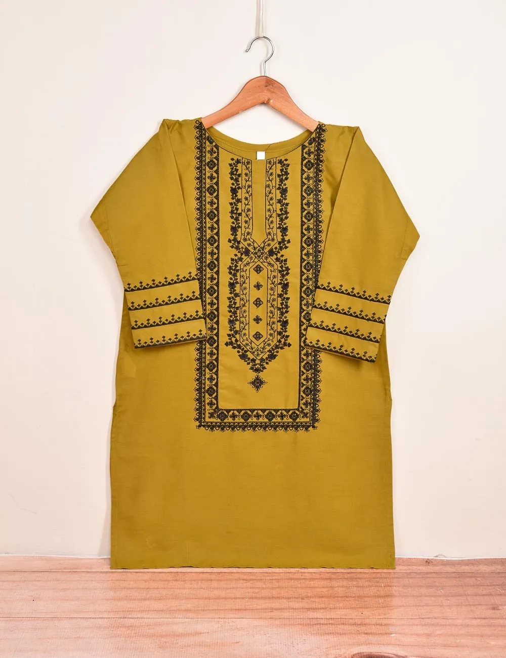 TS-089B-Mustard - Cotton Embroidered Stitched Kurti