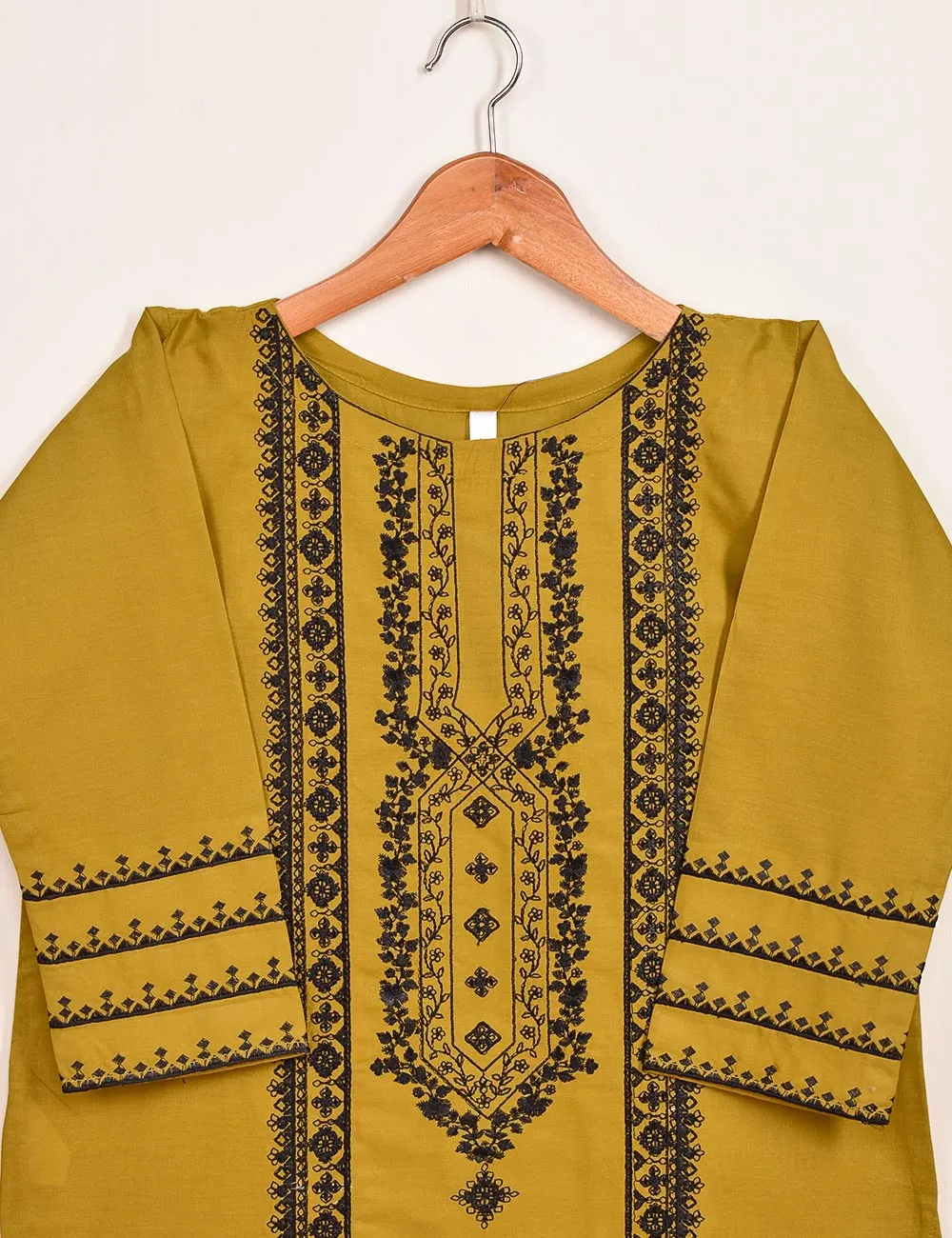 TS-089B-Mustard - Cotton Embroidered Stitched Kurti
