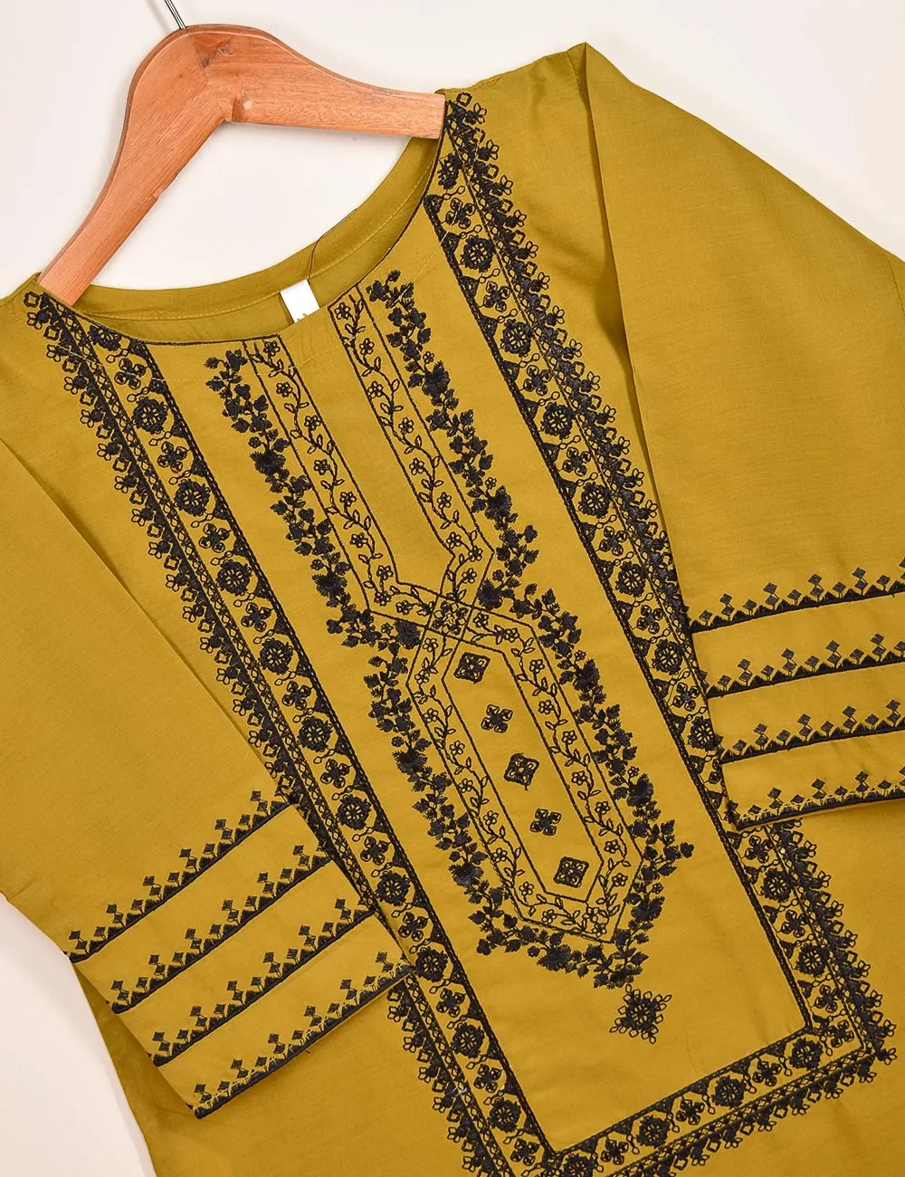 TS-089B-Mustard - Cotton Embroidered Stitched Kurti