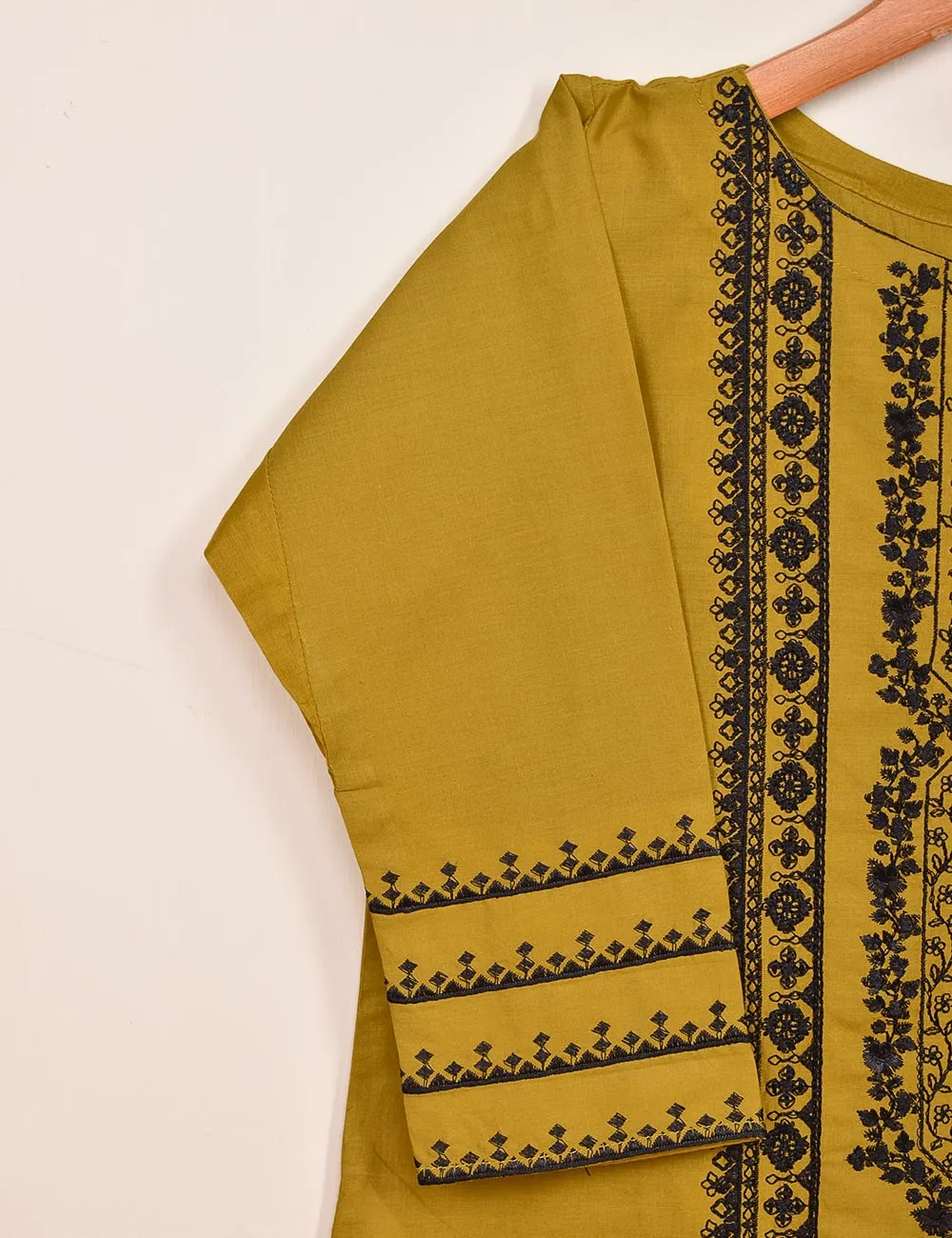 TS-089B-Mustard - Cotton Embroidered Stitched Kurti
