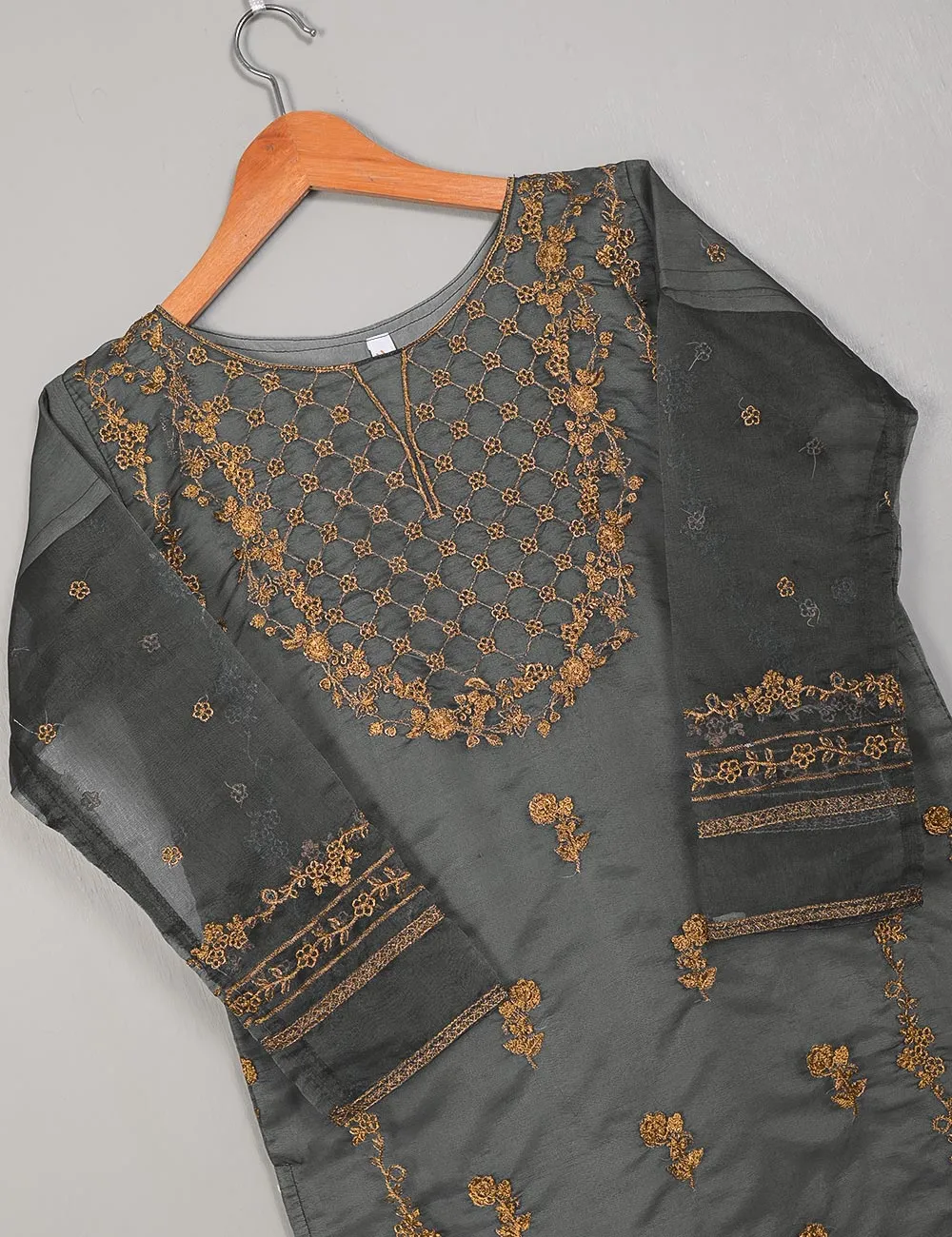TS-216B-Grey - Organza Embroidered Stitched Kurti