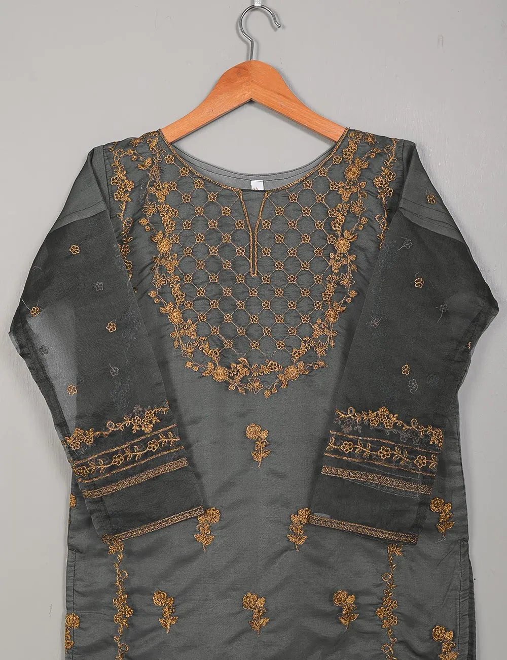 TS-216B-Grey - Organza Embroidered Stitched Kurti