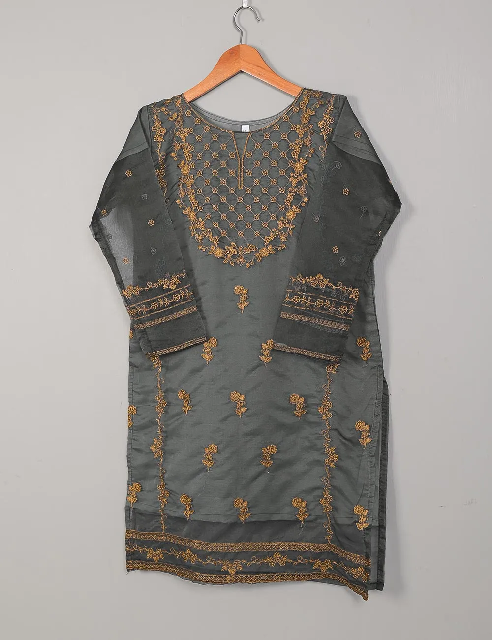 TS-216B-Grey - Organza Embroidered Stitched Kurti