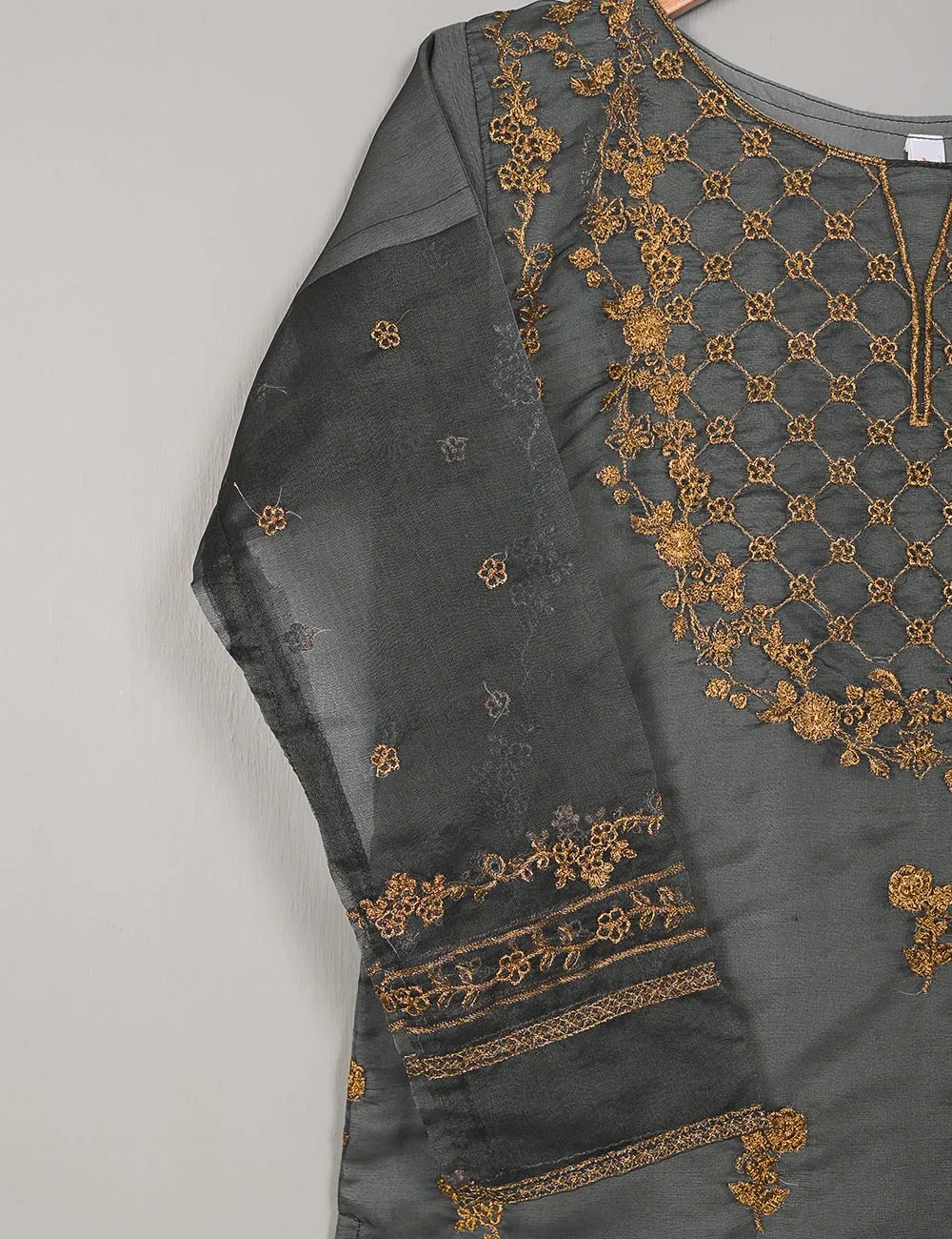 TS-216B-Grey - Organza Embroidered Stitched Kurti
