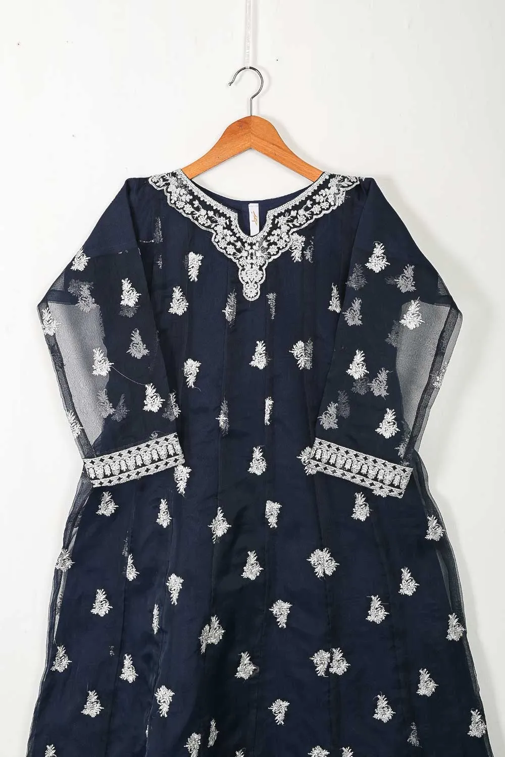 TS-228B-NavyBlue - Organza Embroidered Stitched Frock