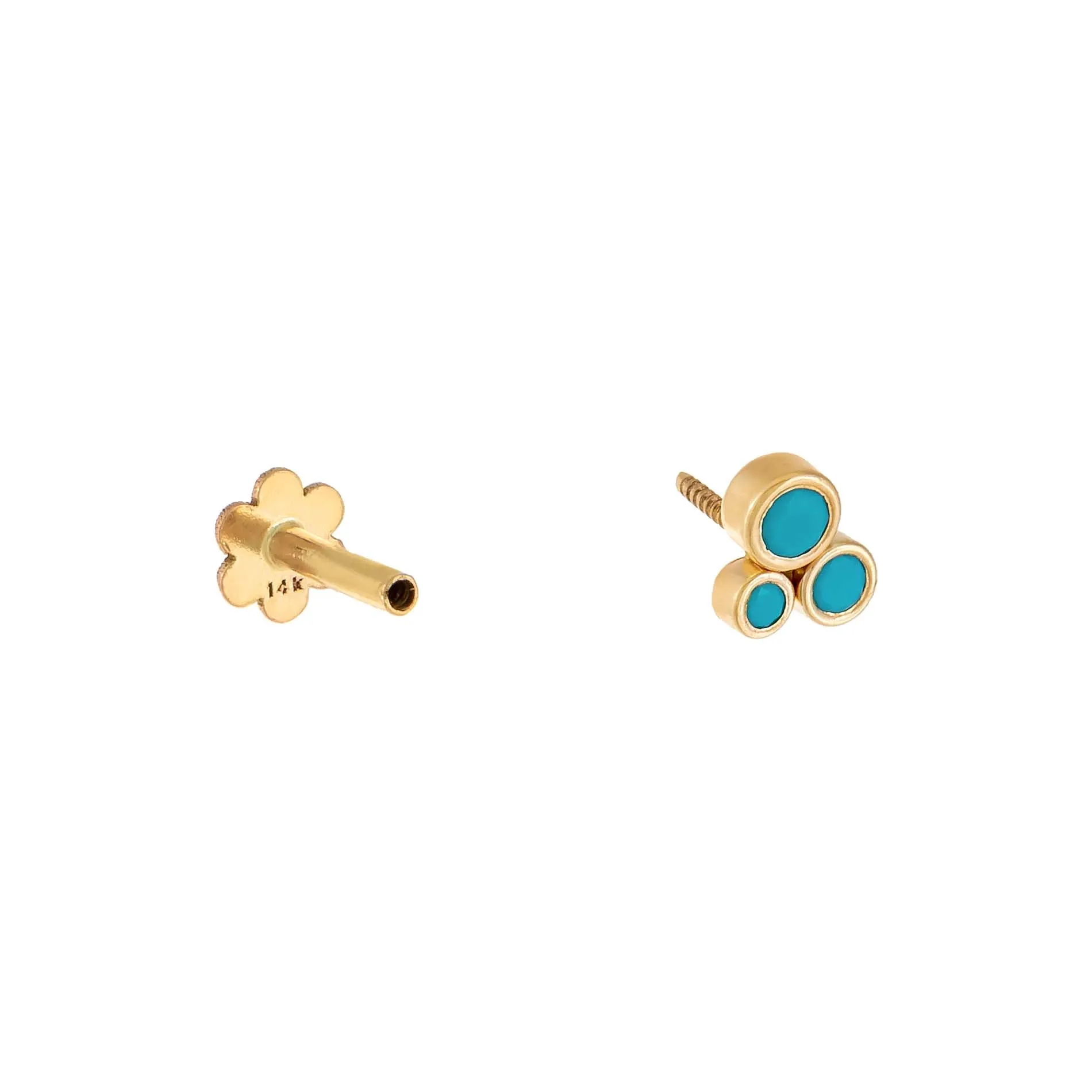 Turquoise Circle Cluster Threaded Stud Earring 14K