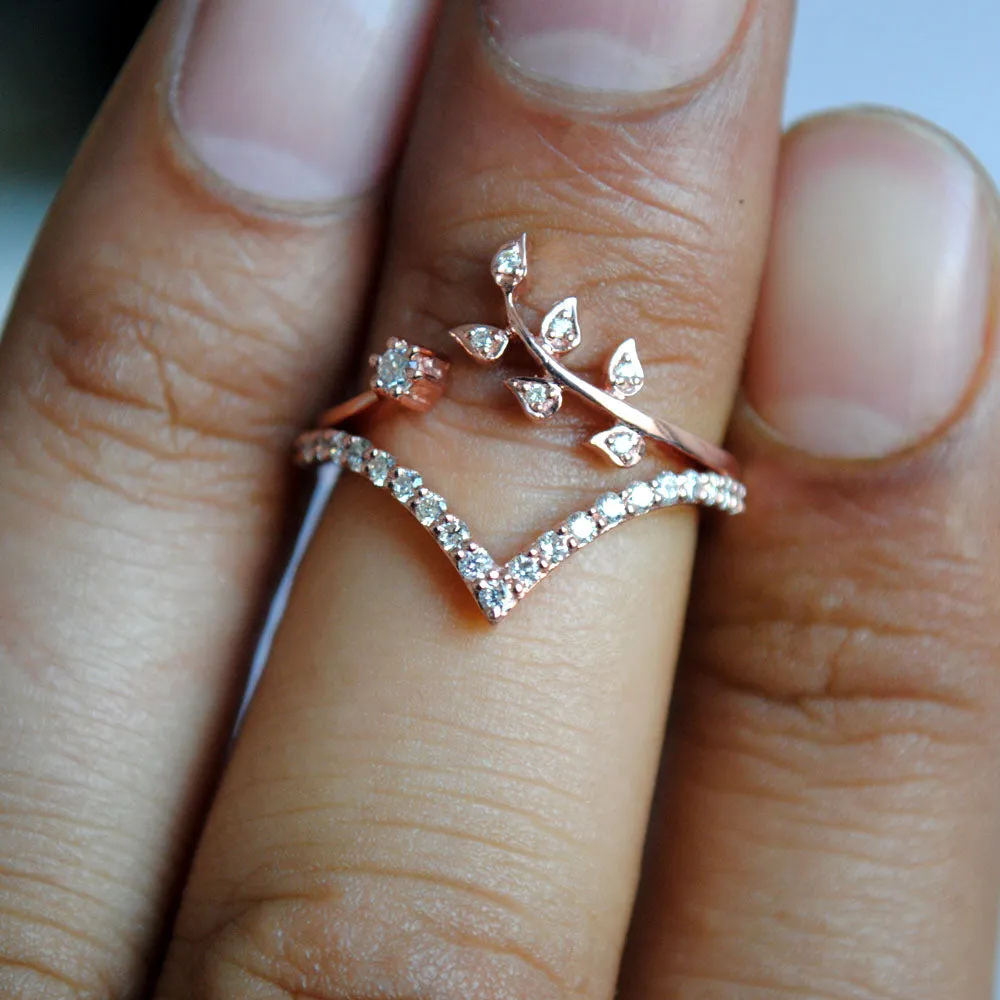 Two piece Leaf and Chevron Ring Set